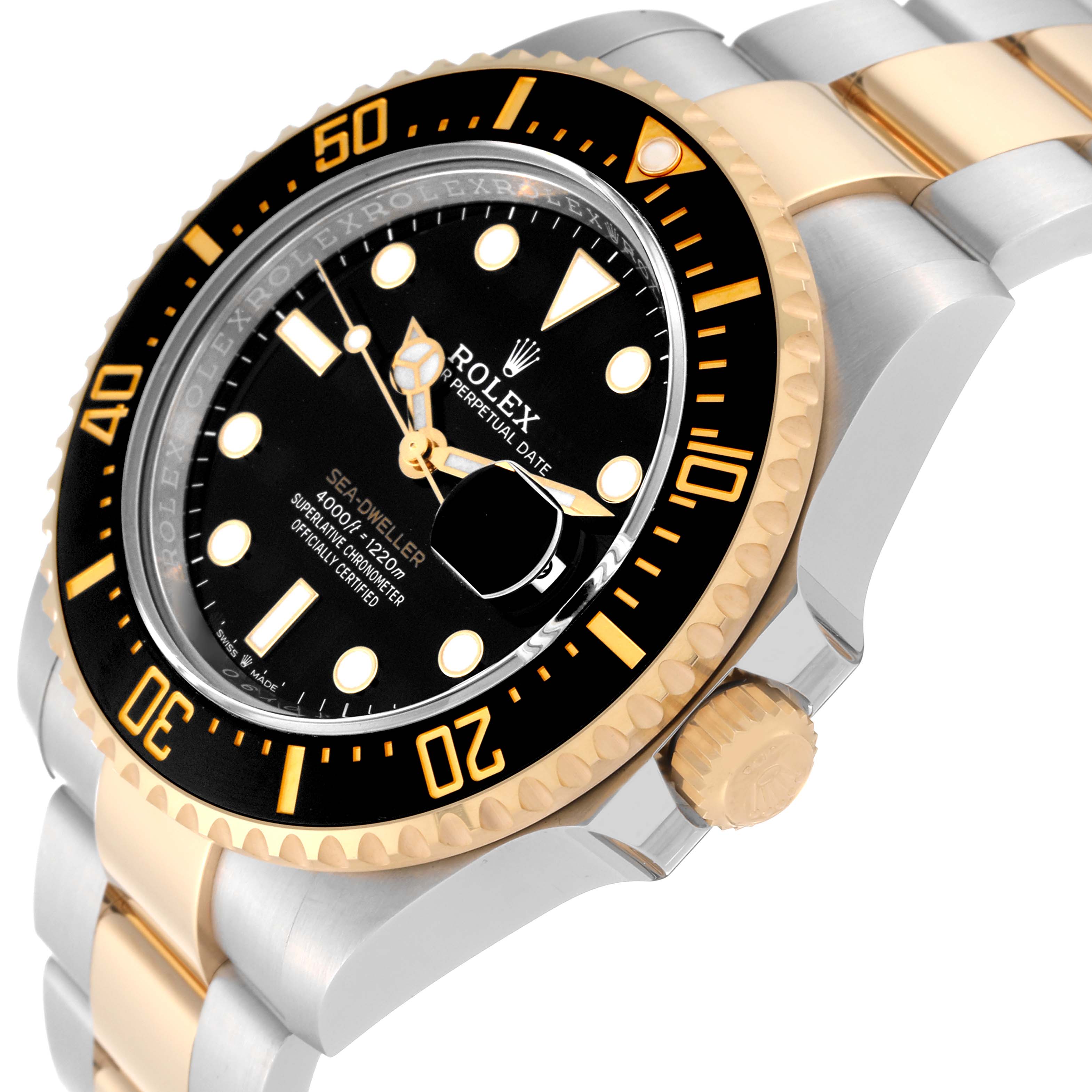 This image shows a Rolex Sea-Dweller 126603 Men
s Steel and Gold (two tone) Black Dial 126603 Men
s Steel and Gold (two tone) Black Dial watch at an angled close-up, highlighting the dial, bezel, and part of the bracelet.