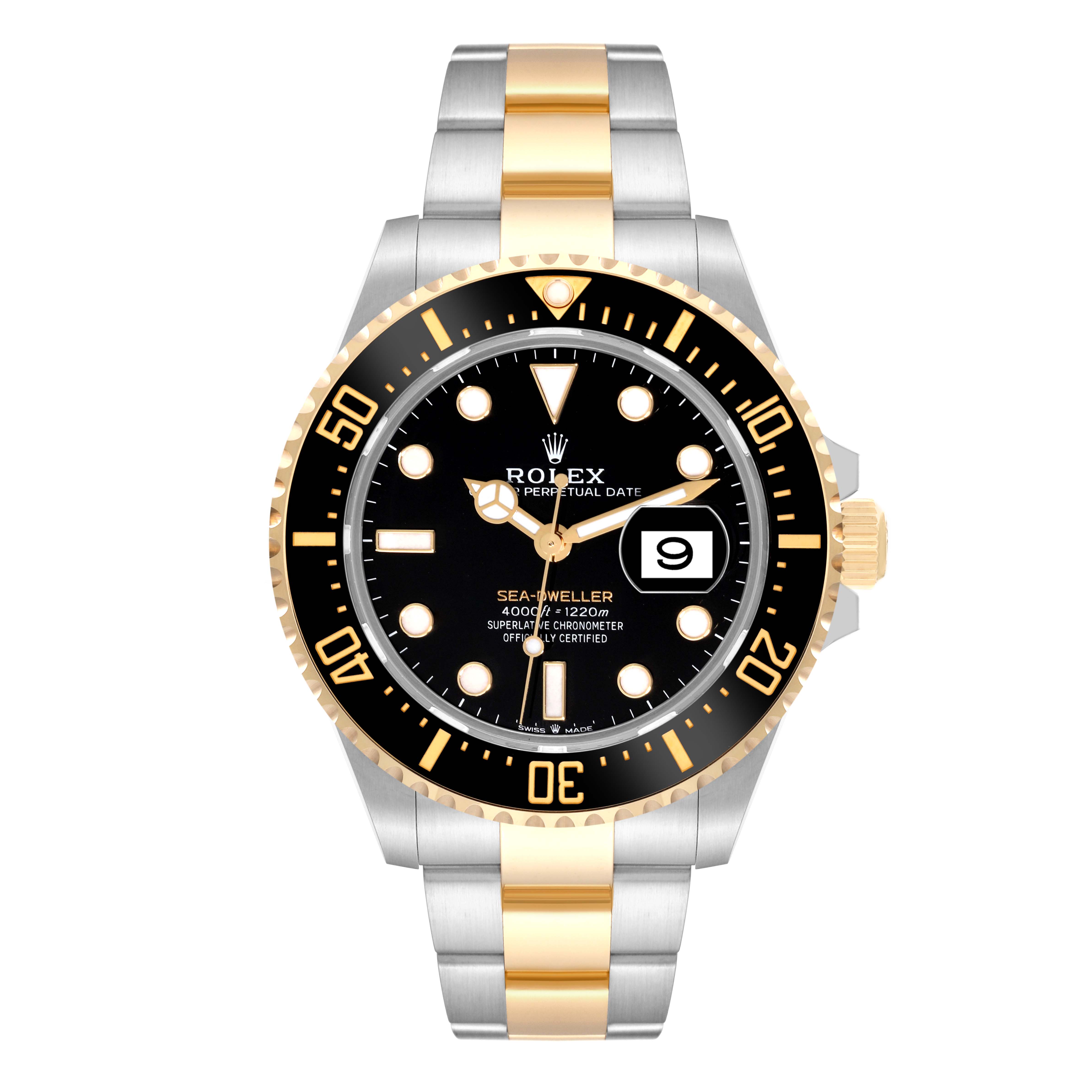 The image shows a front view of a Rolex Sea-Dweller 126603 Men
s Steel and Gold (two tone) Black Dial 126603 Men
s Steel and Gold (two tone) Black Dial watch, highlighting its black dial, date window, and two-tone bracelet.