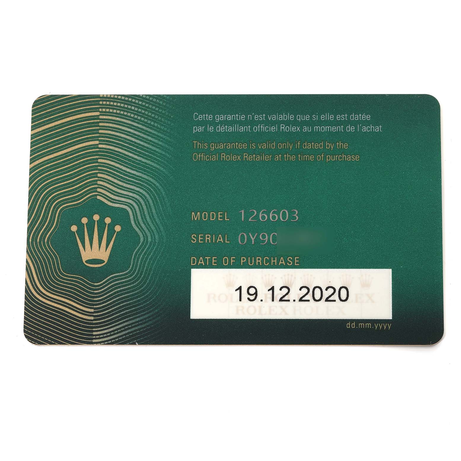 This image shows a guarantee card for the Rolex Sea-Dweller 126603 Men
s Steel and Gold (two tone) Black Dial 126603 Men
s Steel and Gold (two tone) Black Dial model 126603, with the purchase date of 19.12.2020.