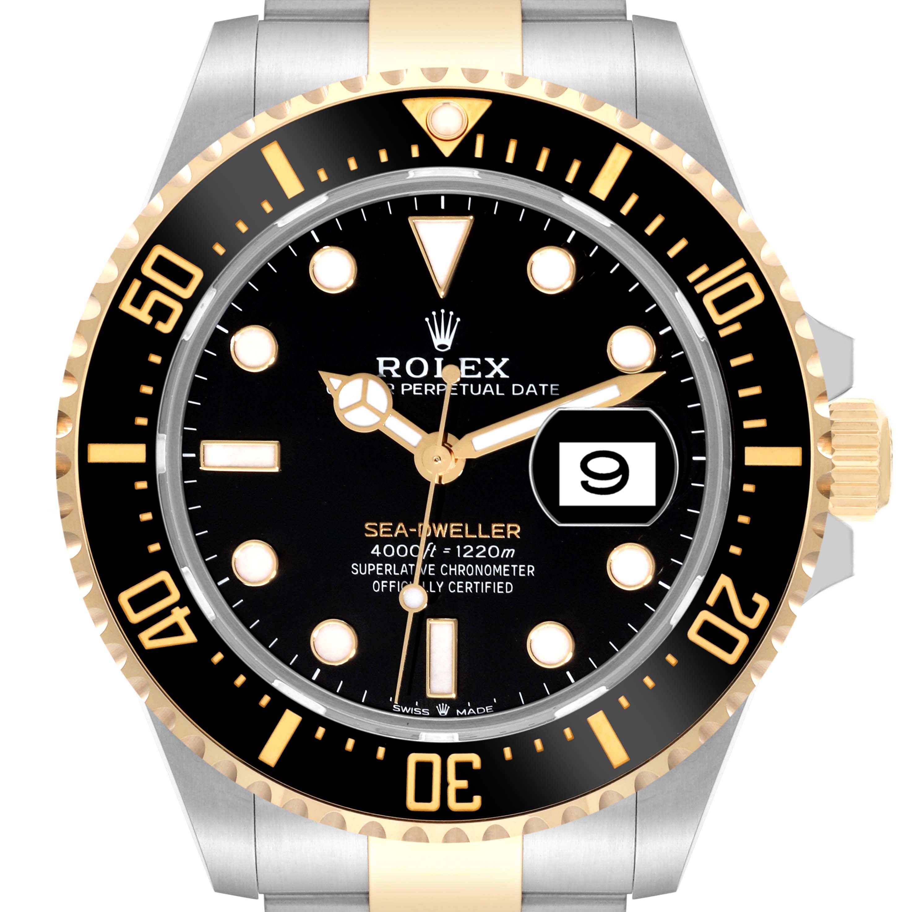 This image shows a front view of the Rolex Sea-Dweller 126603 Men
s Steel and Gold (two tone) Black Dial 126603 Men
s Steel and Gold (two tone) Black Dial watch, highlighting its dial, bezel, and bracelet.