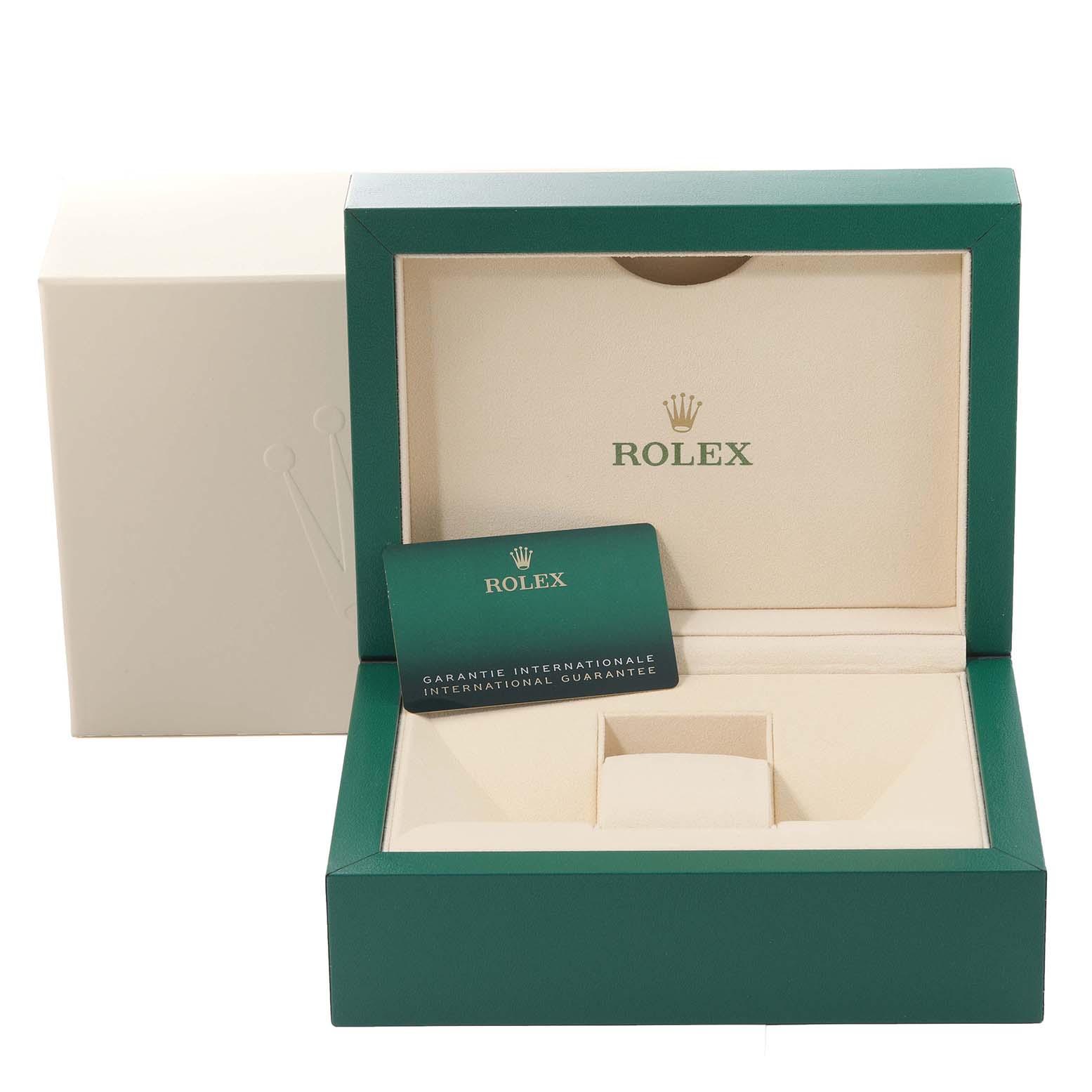 The image shows a Rolex Sea-Dweller 126603 Men
s Steel and Gold (two tone) Black Dial 126603 Men
s Steel and Gold (two tone) Black Dial model watch box, including a warranty card inside the open green and beige case.