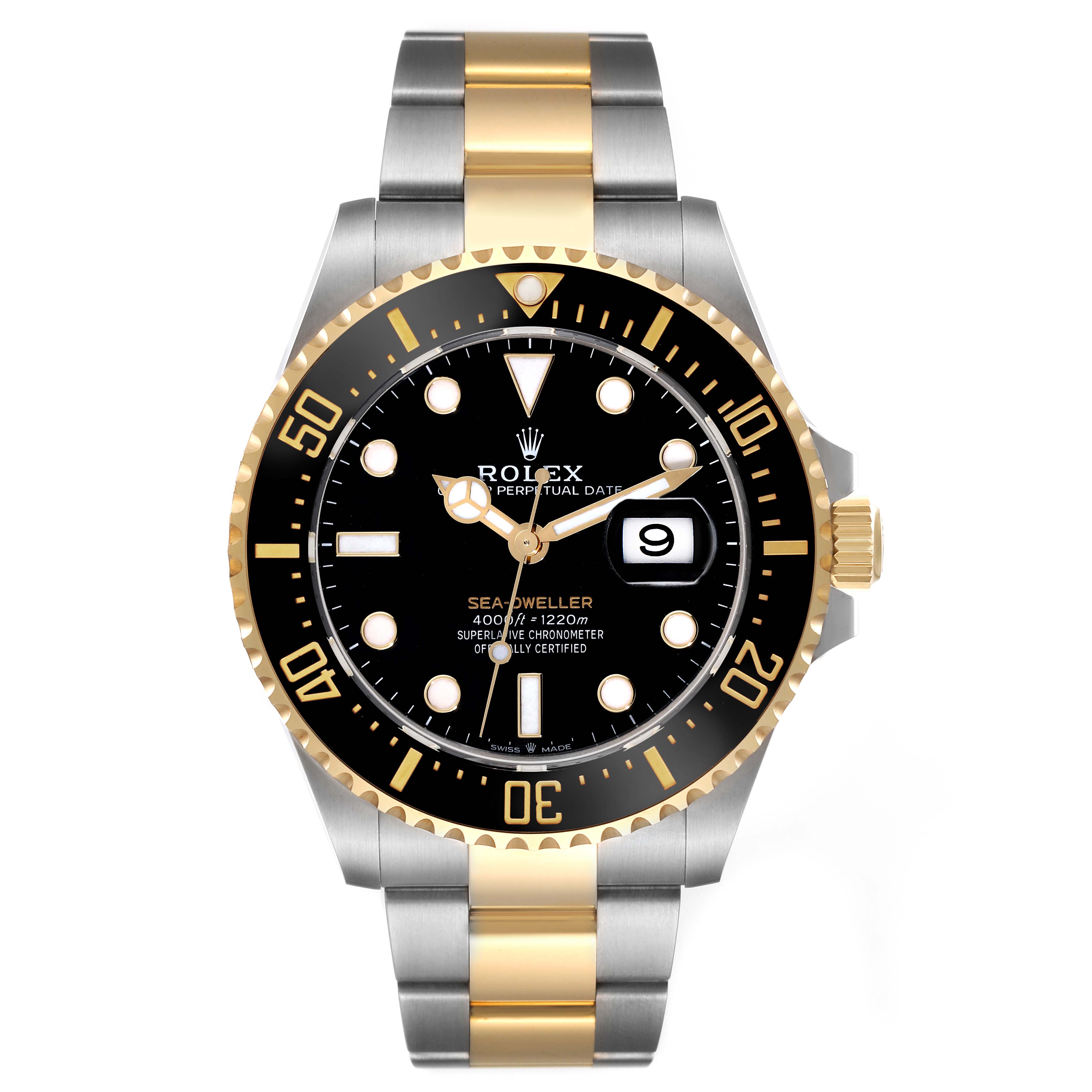 This is a front view of the Rolex Sea-Dweller 126603 Men's Steel and Gold (two tone) Black Dial 126603 Men's Steel and Gold (two tone) Black Dial watch, displaying its black dial, date feature, and two-tone gold and silver bracelet.