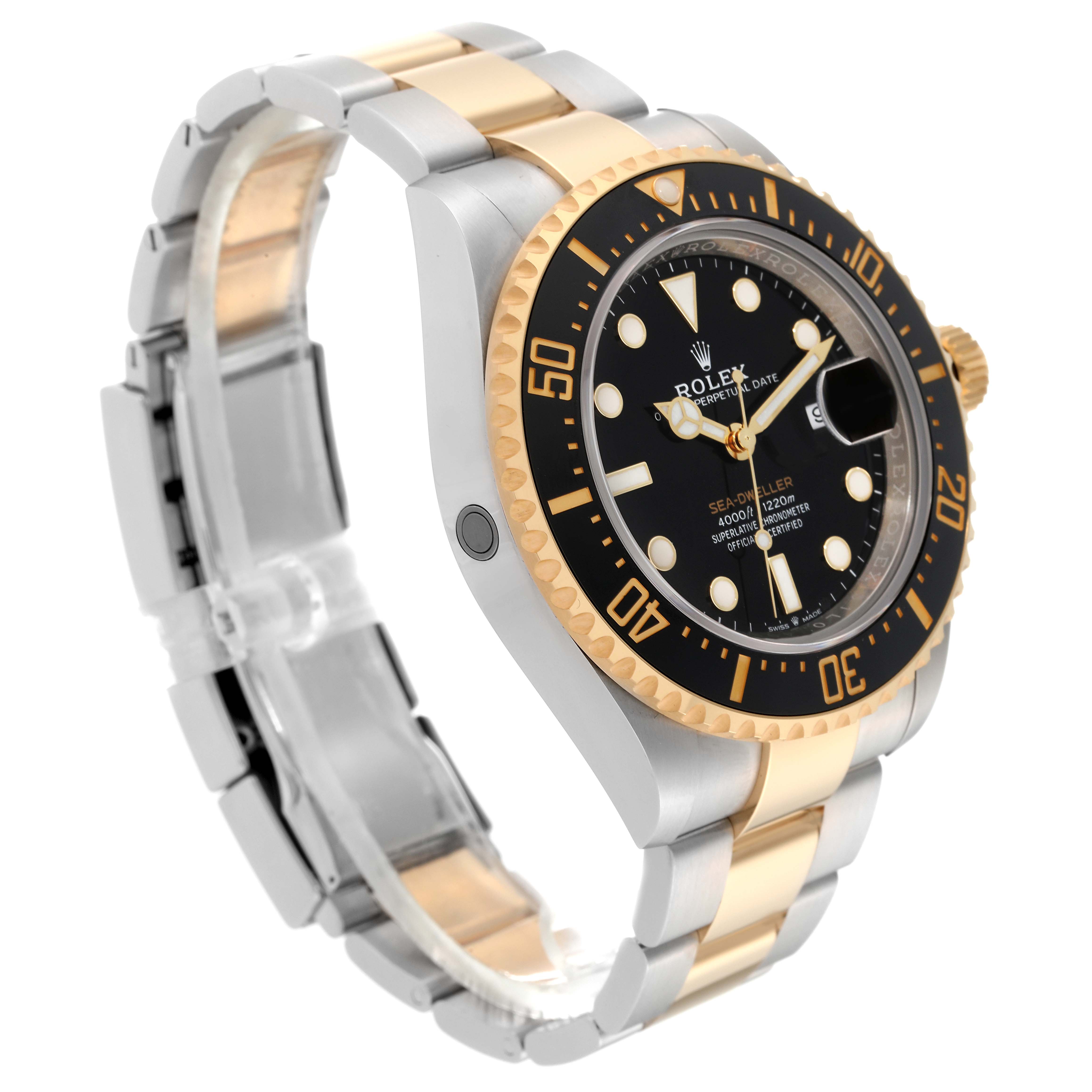 The image shows a Rolex Sea-Dweller 126603 Men's Steel and Gold (two tone) Black Dial 126603 Men's Steel and Gold (two tone) Black Dial watch at a 3/4 angle, highlighting its two-tone bracelet, black dial, and rotating bezel.