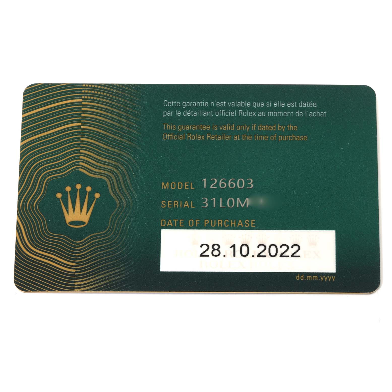 This image shows a warranty card for the Rolex Sea-Dweller 126603 Men's Steel and Gold (two tone) Black Dial 126603 Men's Steel and Gold (two tone) Black Dial model 126603.