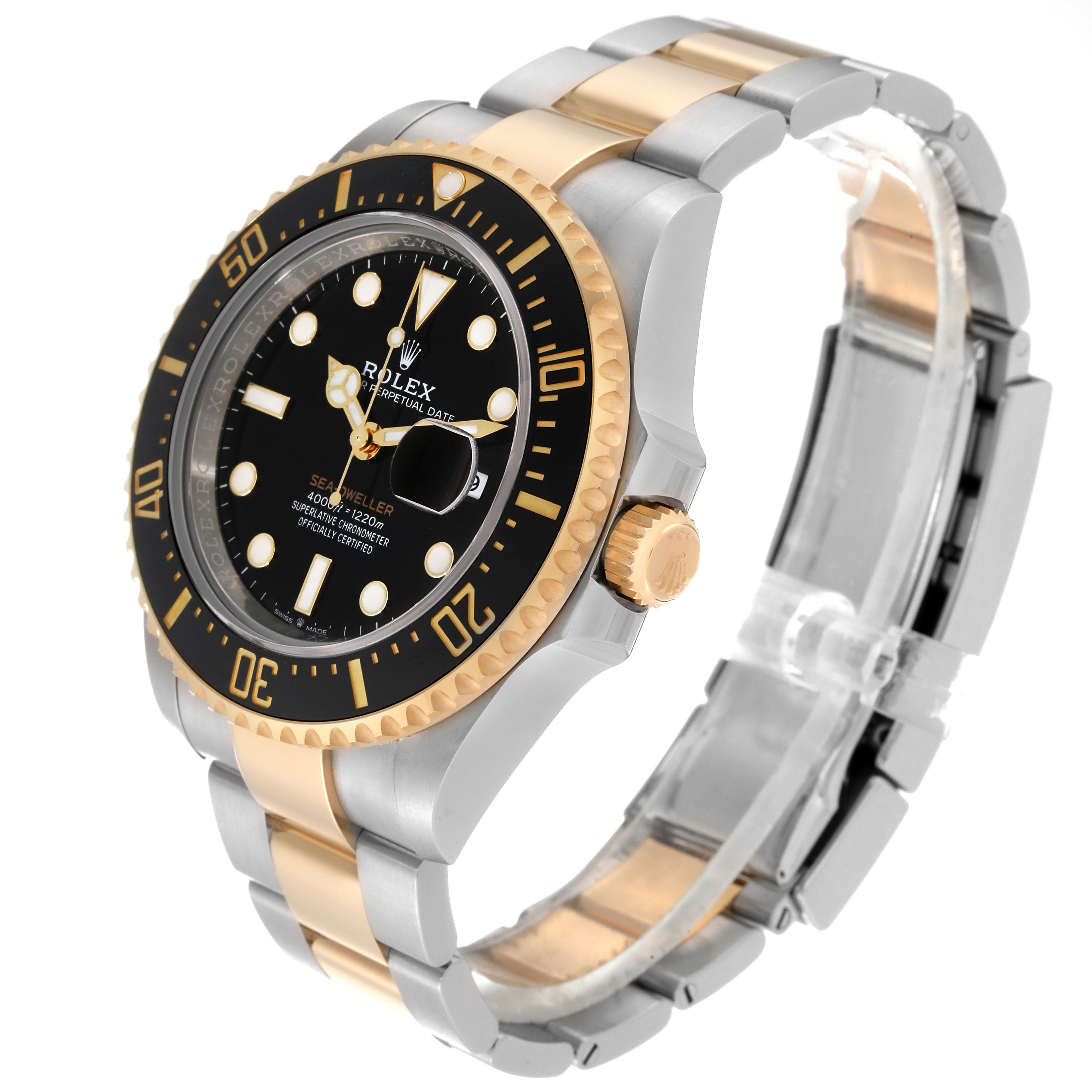 The image shows a side angle view of a Rolex Sea-Dweller 126603 Men's Steel and Gold (two tone) Black Dial 126603 Men's Steel and Gold (two tone) Black Dial watch, highlighting its black dial, gold bezel, and two-tone metal bracelet.