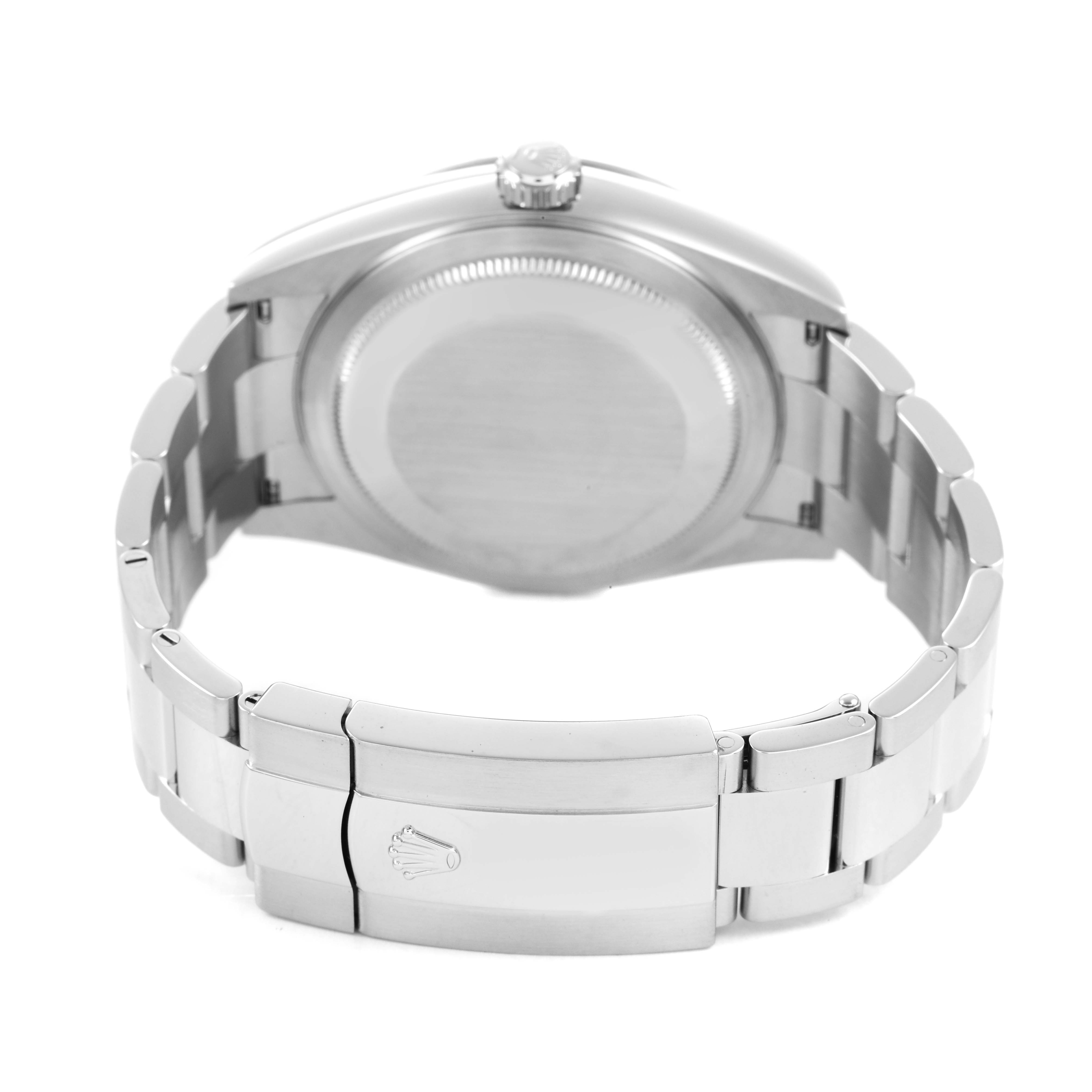 The image shows the back and bracelet of a Rolex Sky-Dweller 326934 Men's Stainless Steel Black Dial watch, focusing on the clasp and case back.