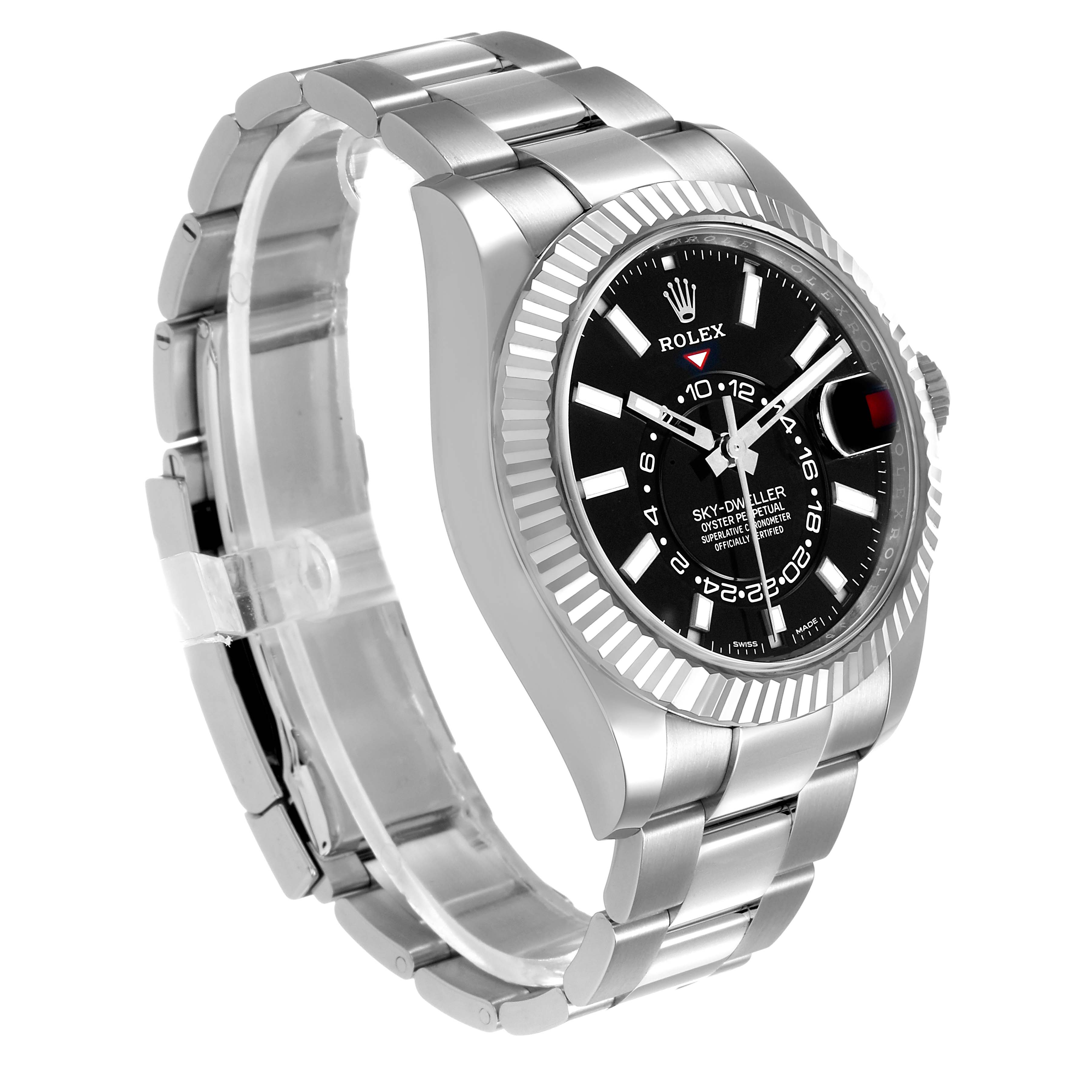 The Rolex Sky-Dweller 326934 Men's Stainless Steel Black Dial watch is shown at a three-quarter angle, displaying its bracelet, bezel, and dial.