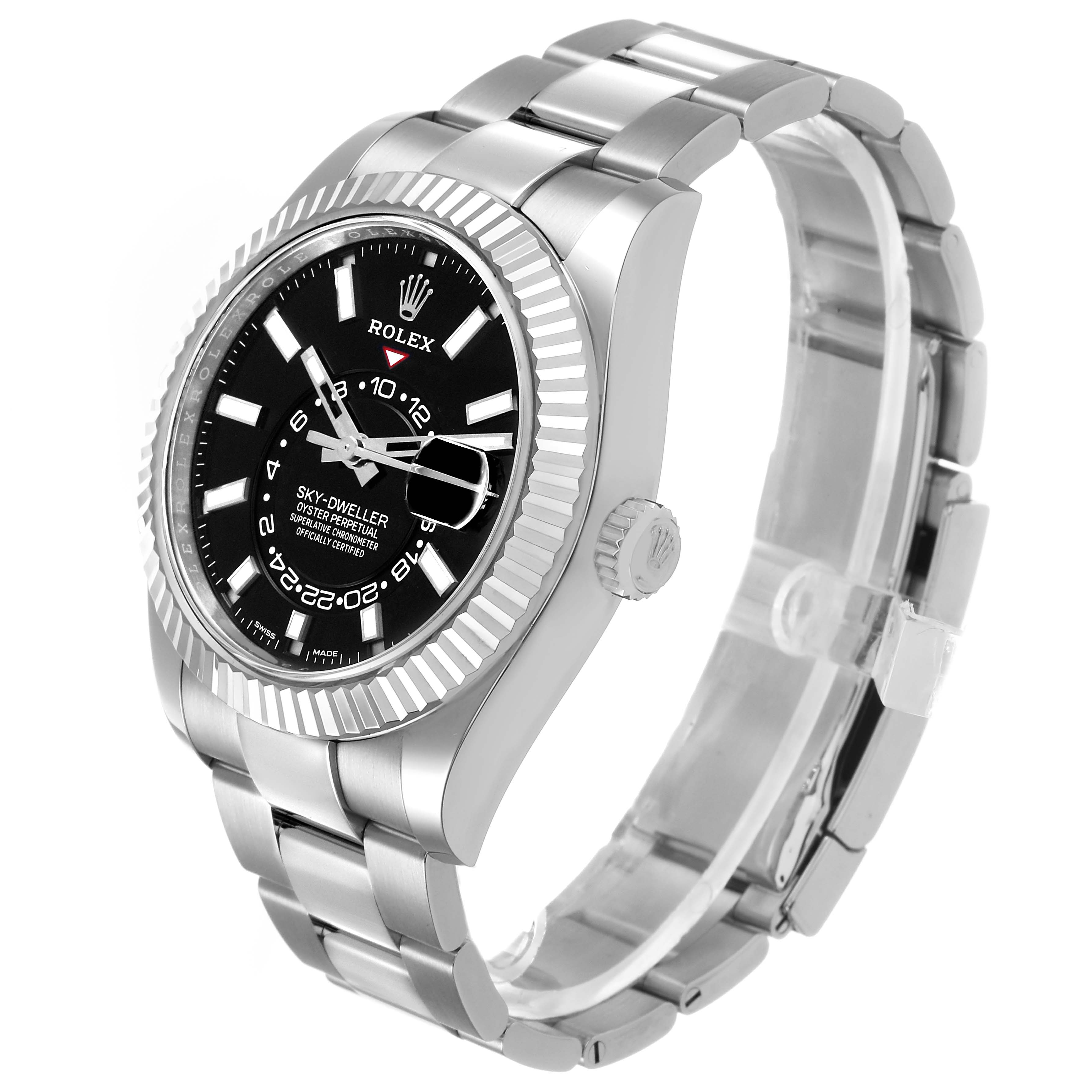 The Rolex Sky-Dweller 326934 Men's Stainless Steel Black Dial watch is shown at a three-quarter angle displaying the face, bezel, crown, and bracelet.