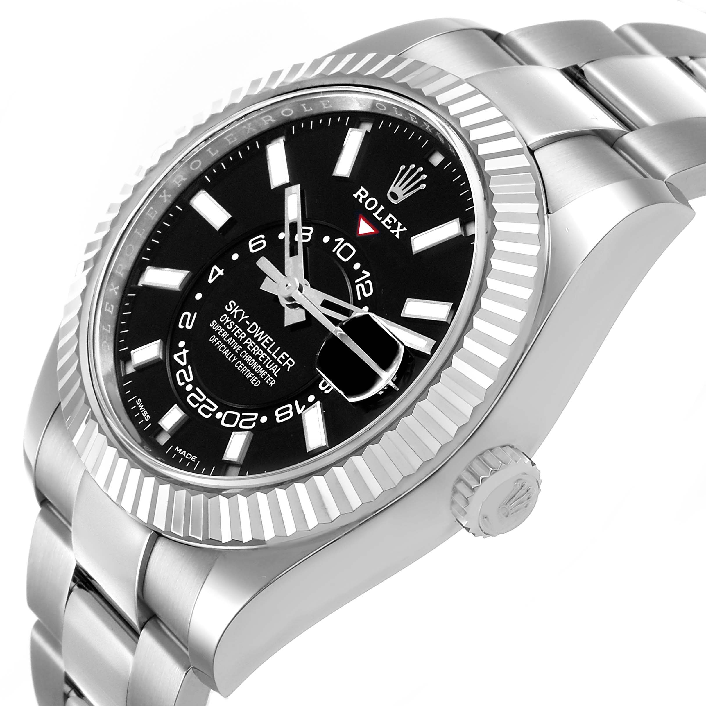 The Rolex Sky-Dweller 326934 Men's Stainless Steel Black Dial watch is shown at a slight angle, displaying the dial, fluted bezel, crown, and part of the bracelet.