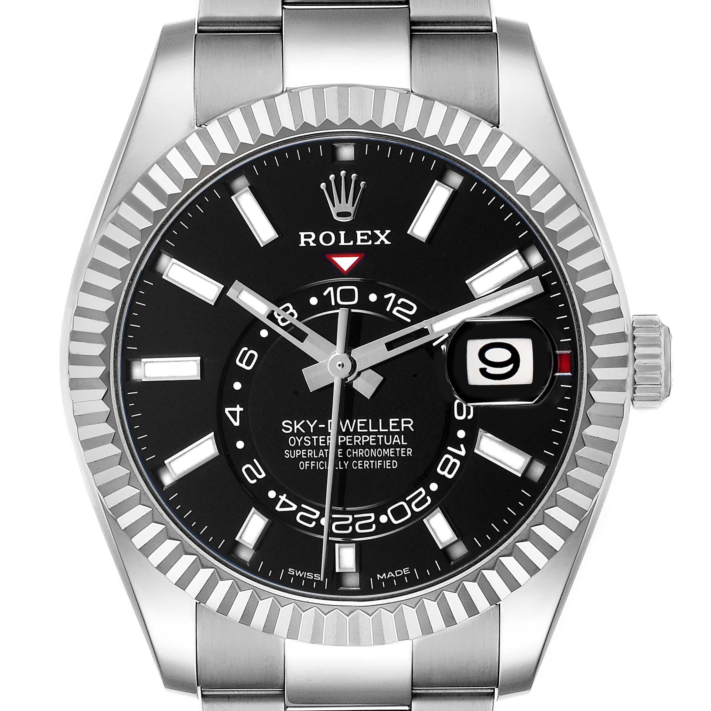 The Rolex Sky-Dweller 326934 Men's Stainless Steel Black Dial watch is shown from the front, featuring the dial, bezel, case, and part of the bracelet.