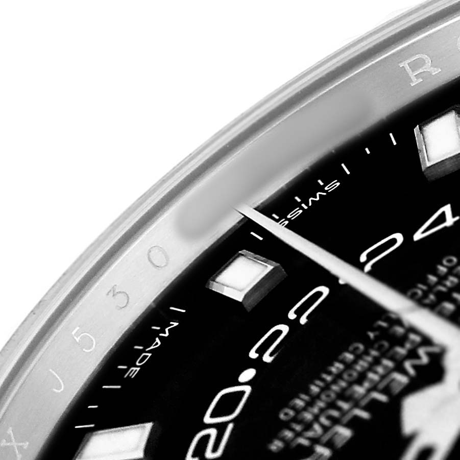 The image shows a close-up of the Rolex Sky-Dweller 326934 Men's Stainless Steel Black Dial watch face, focusing on the dial, hour markers, and part of the bezel.