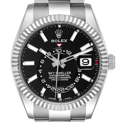 The Rolex Sky-Dweller 326934 Men's Stainless Steel Black Dial watch is shown from the front, highlighting the black dial, fluted bezel, and Cyclops date window.