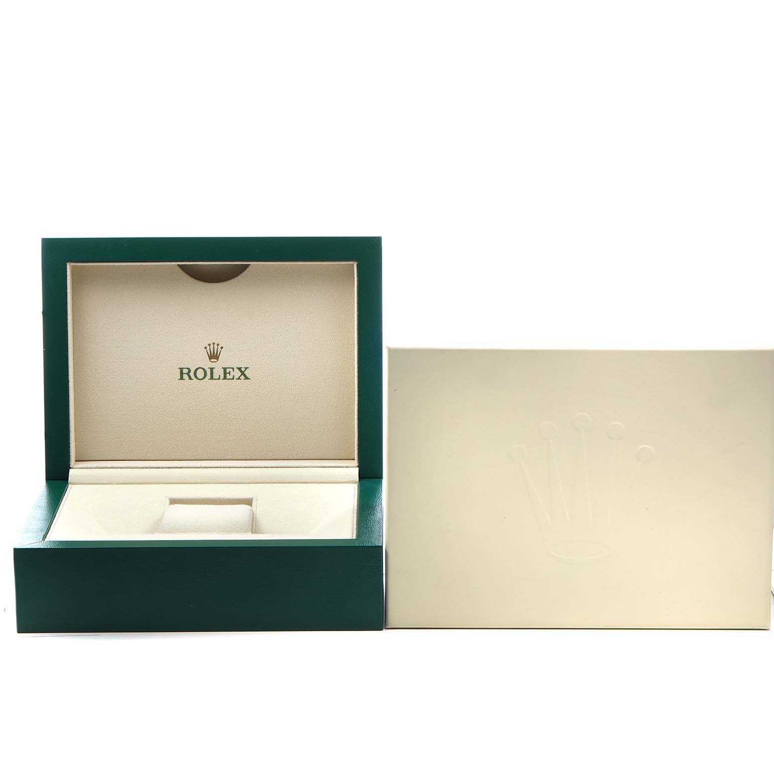 The image shows the open Rolex Sky-Dweller 326934 Men's Stainless Steel Black Dial watch box from the front, with the branded cover beside it.