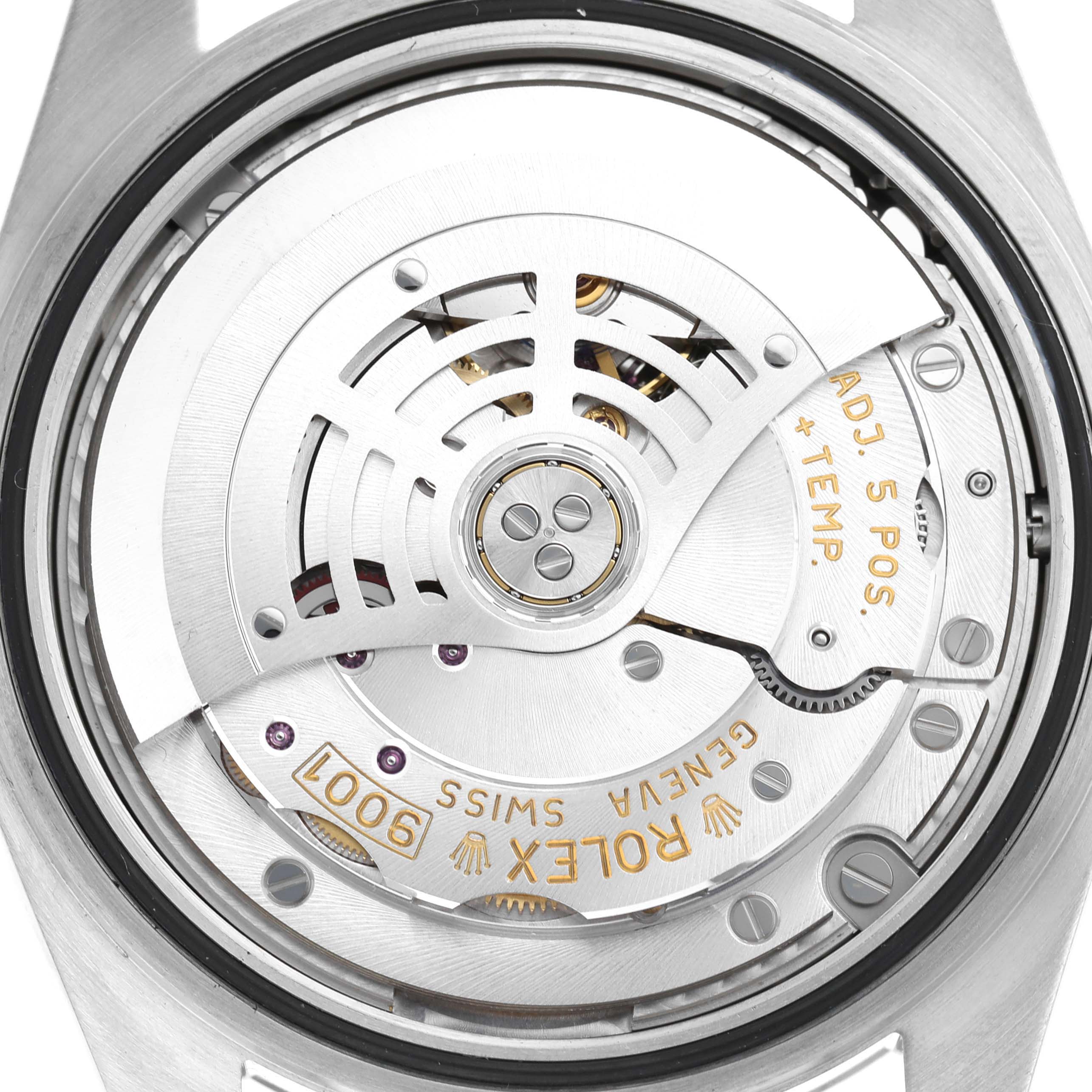 The image shows the movement of a Rolex Sky-Dweller 326934 Men's Stainless Steel Black Dial from the back, highlighting the rotor and engravings.