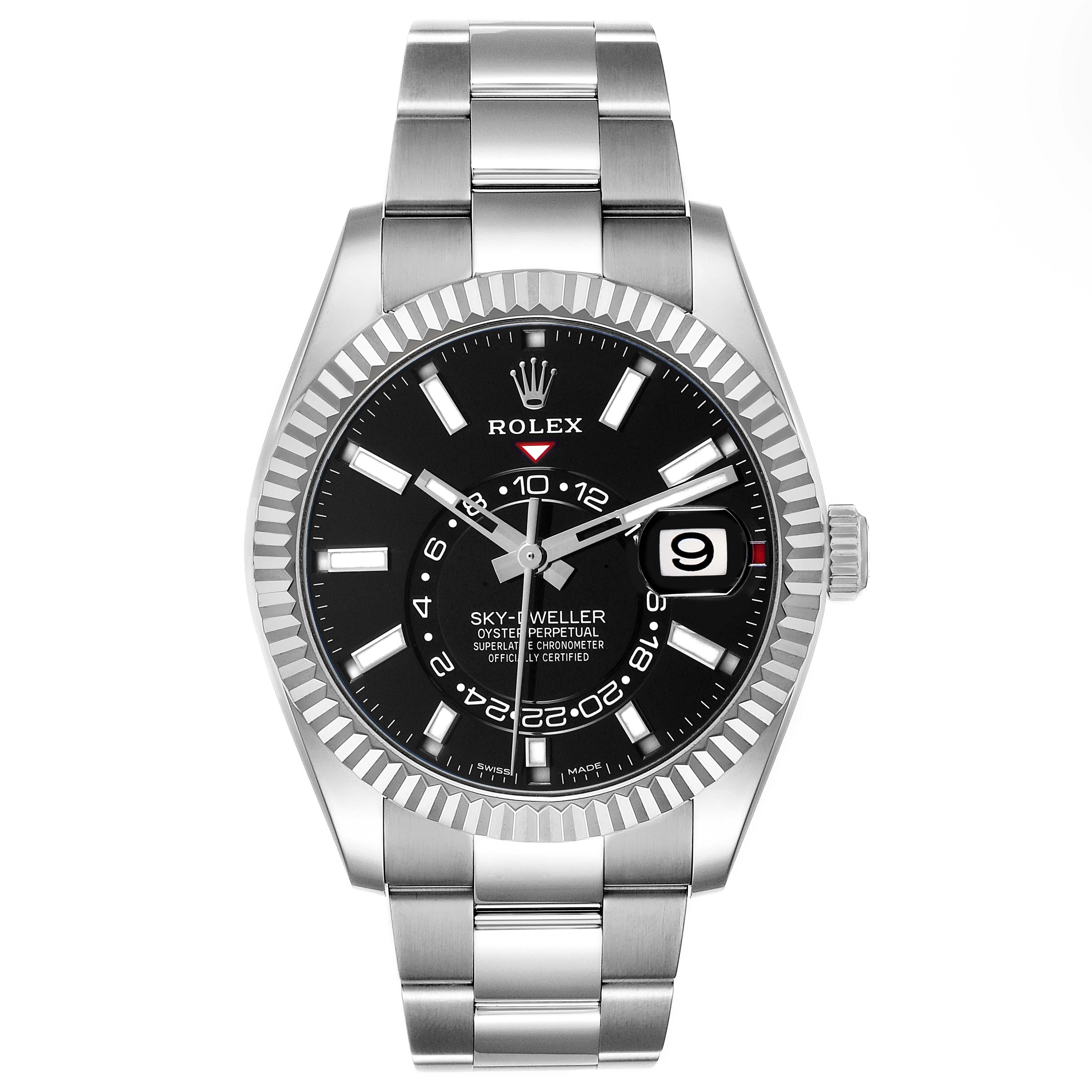 The Rolex Sky-Dweller 326934 Men's Stainless Steel Black Dial is shown from a front angle, displaying its black dial, bezel, and bracelet.