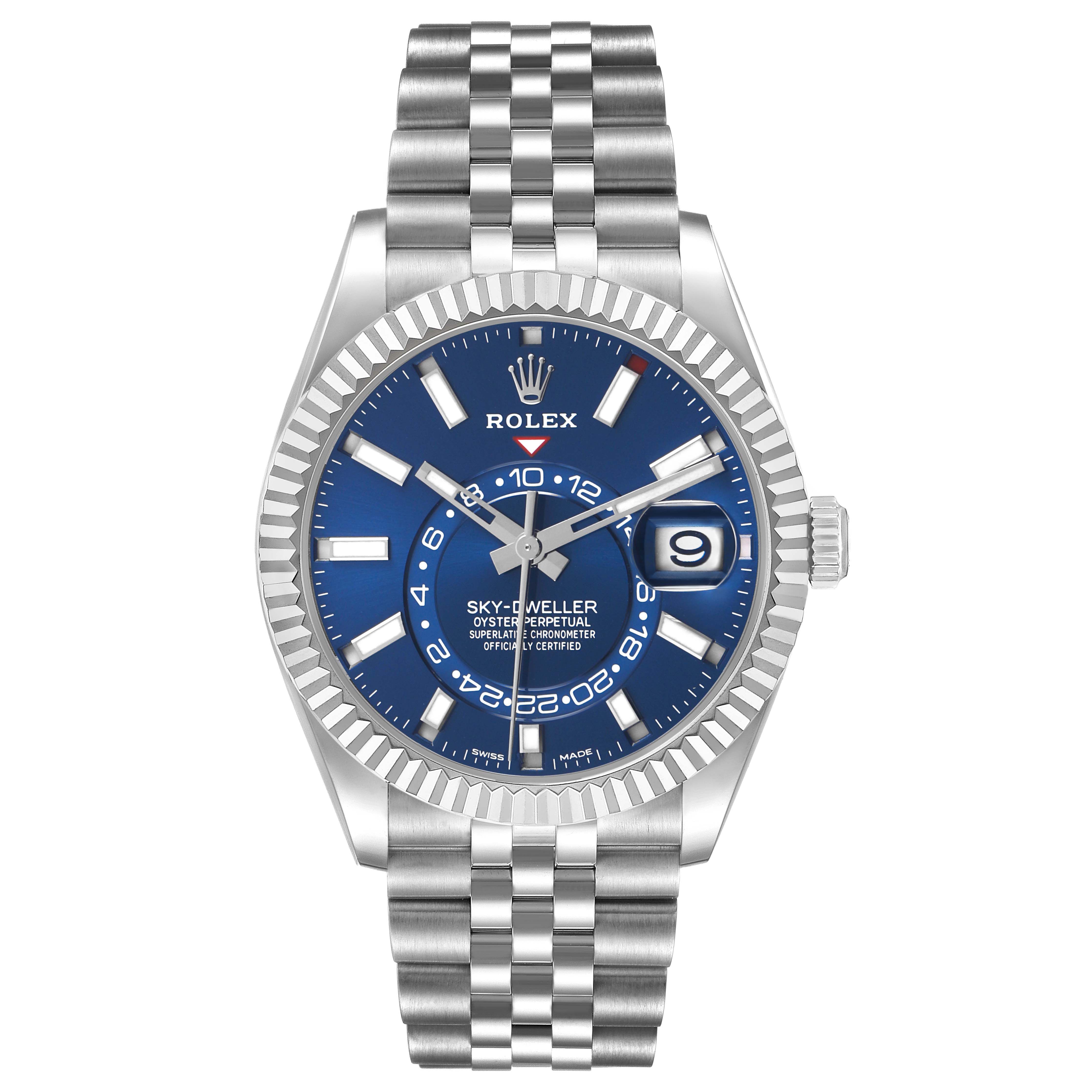 The Rolex Sky-Dweller 336934 Men's Stainless Steel Blue Dial watch is shown from the front, highlighting the blue dial, bezel, and stainless steel bracelet.