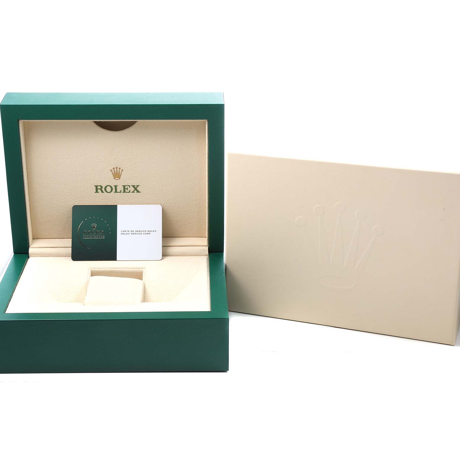 The image shows the open packaging for a Rolex Sky-Dweller 336934 Men's Stainless Steel Blue Dial, featuring a green box, beige interior, and authenticity card.