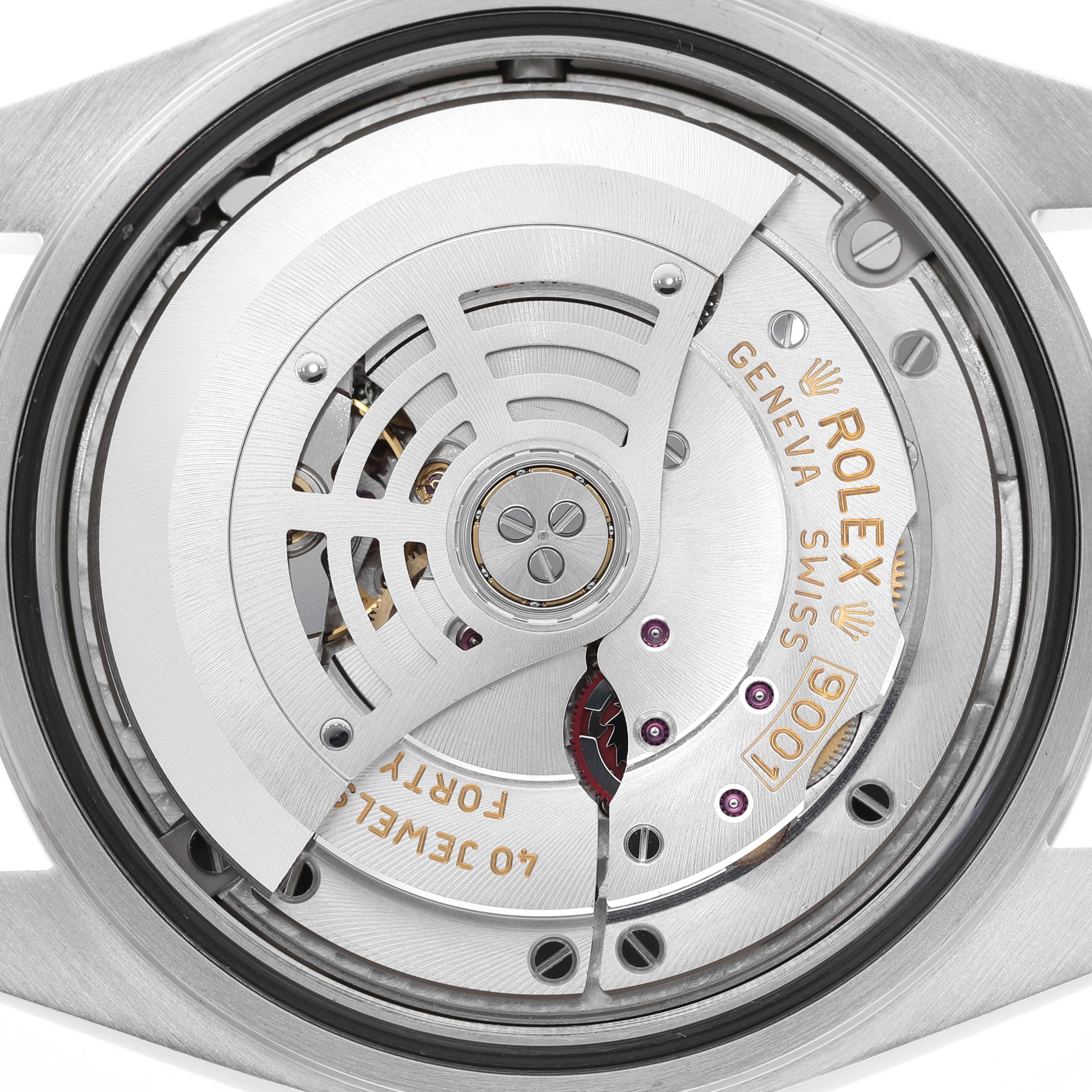 The image shows the movement of a Rolex Sky-Dweller 336934 Men's Stainless Steel Blue Dial watch, highlighting the intricate internal mechanism from a rear angle.