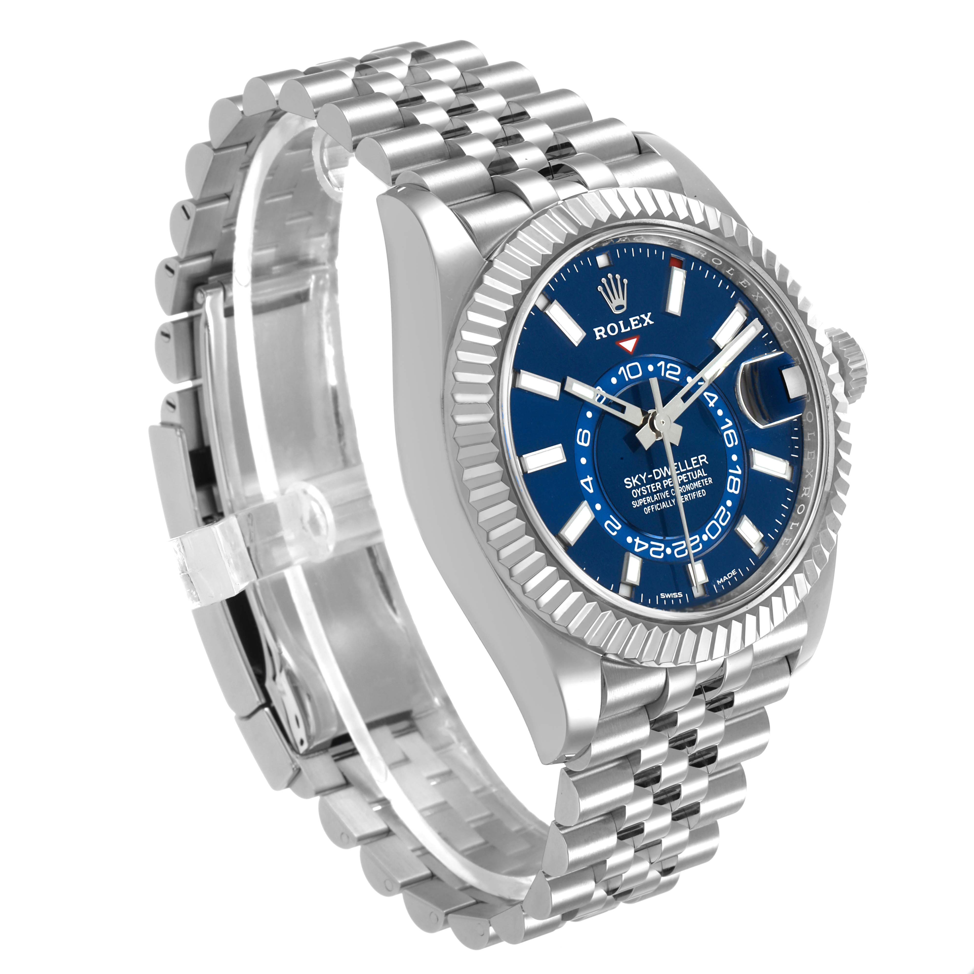 The Rolex Sky-Dweller 336934 Men's Stainless Steel Blue Dial watch is shown in a three-quarter angle, displaying the bezel, blue dial, and jubilee bracelet.