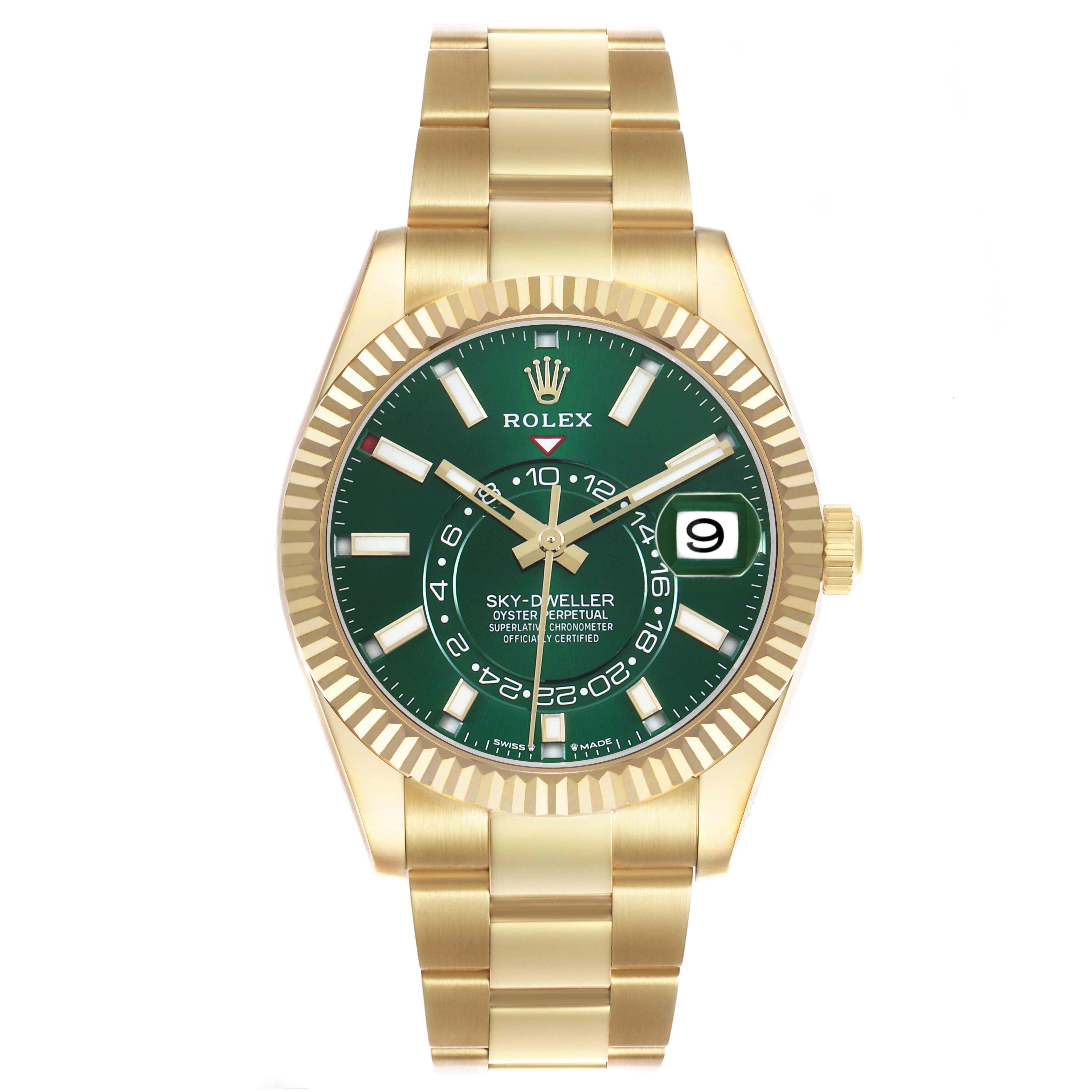 The Rolex Sky-Dweller 336938 Men's Yellow Gold Green Dial watch is shown from the front, highlighting its green dial, fluted bezel, and gold bracelet.