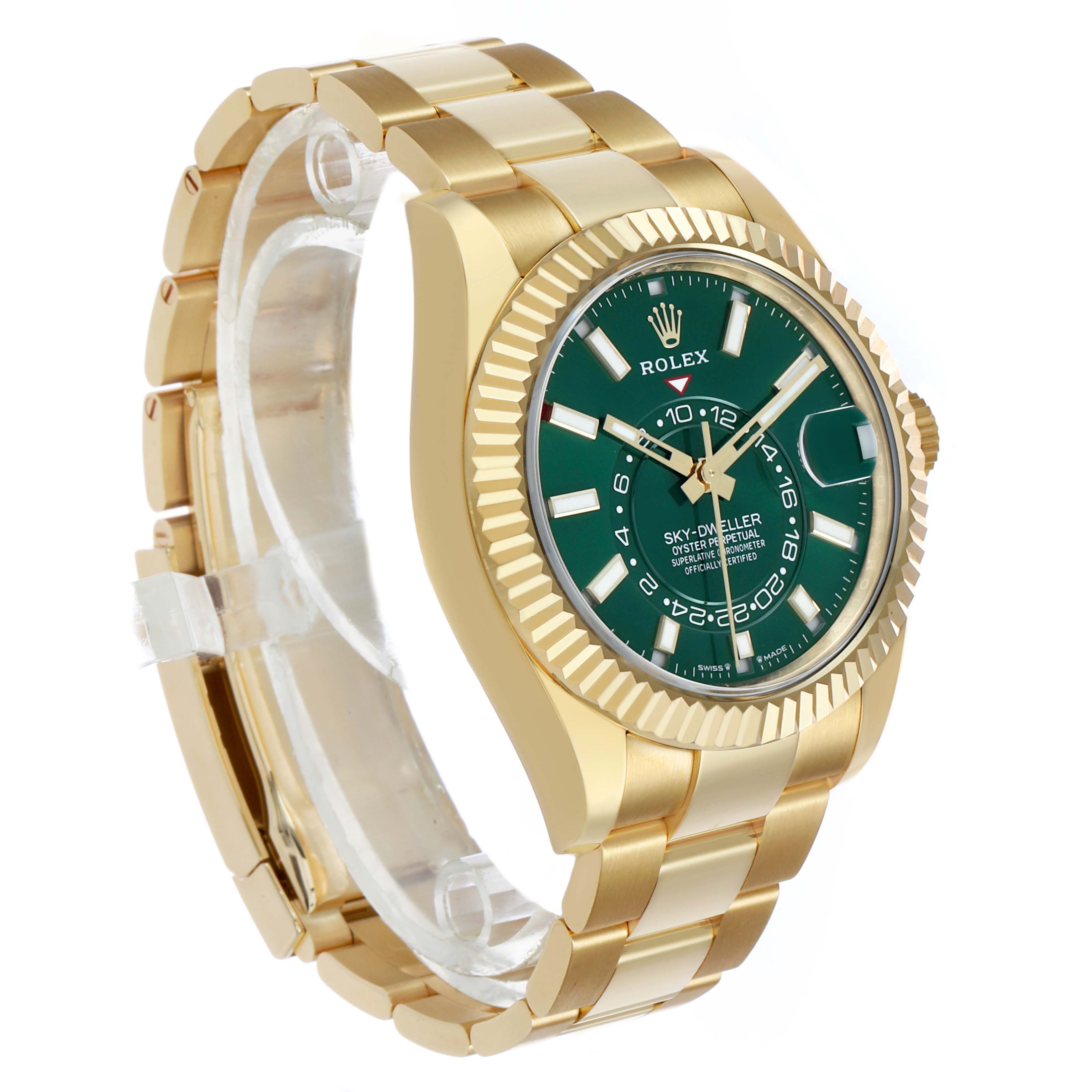 The Rolex Sky-Dweller 336938 Men's Yellow Gold Green Dial watch is shown at a three-quarter angle, highlighting the case, bezel, dial, and bracelet.