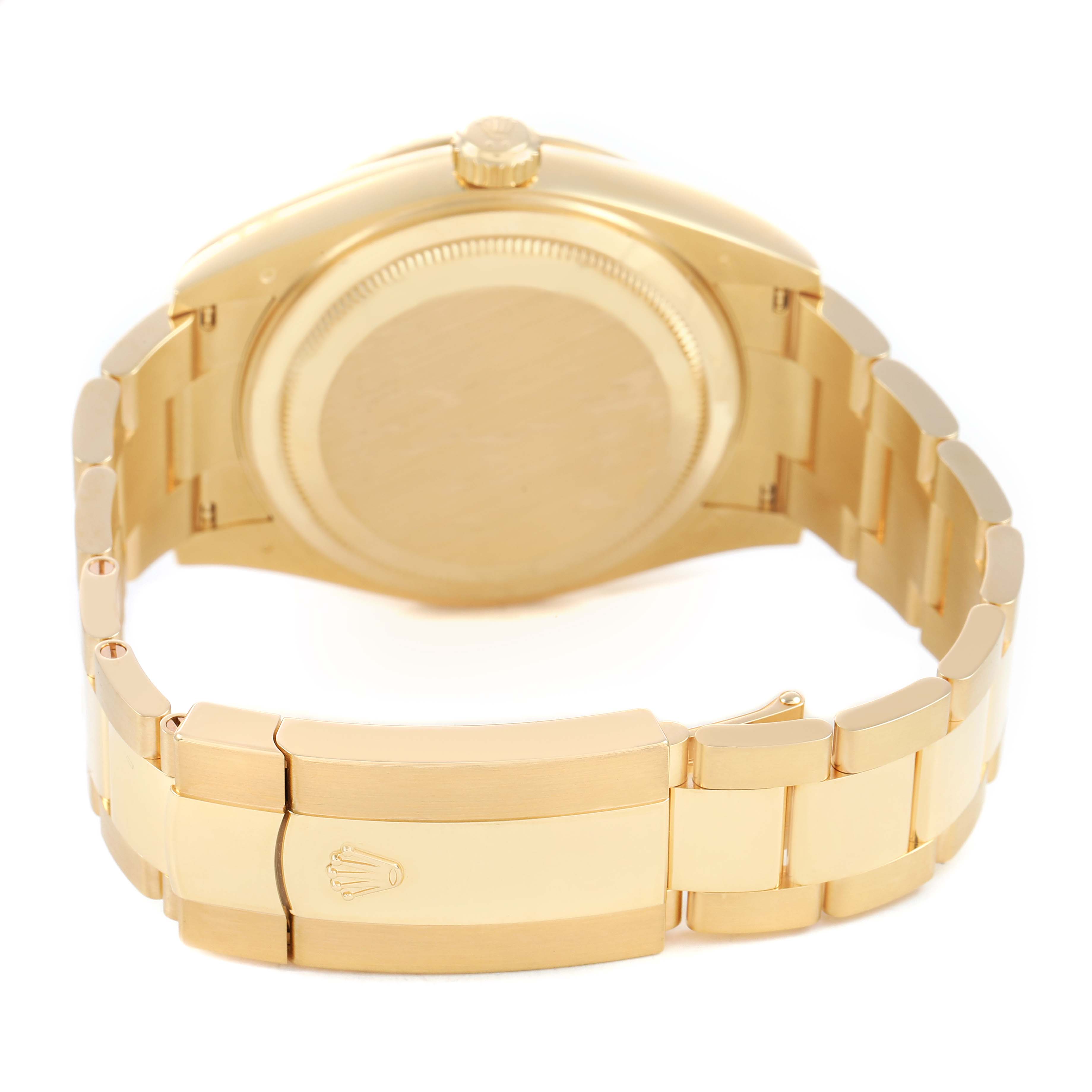 The Rolex Sky-Dweller 336938 Men's Yellow Gold Green Dial watch is shown from the back, highlighting its case back, crown, and bracelet clasp.