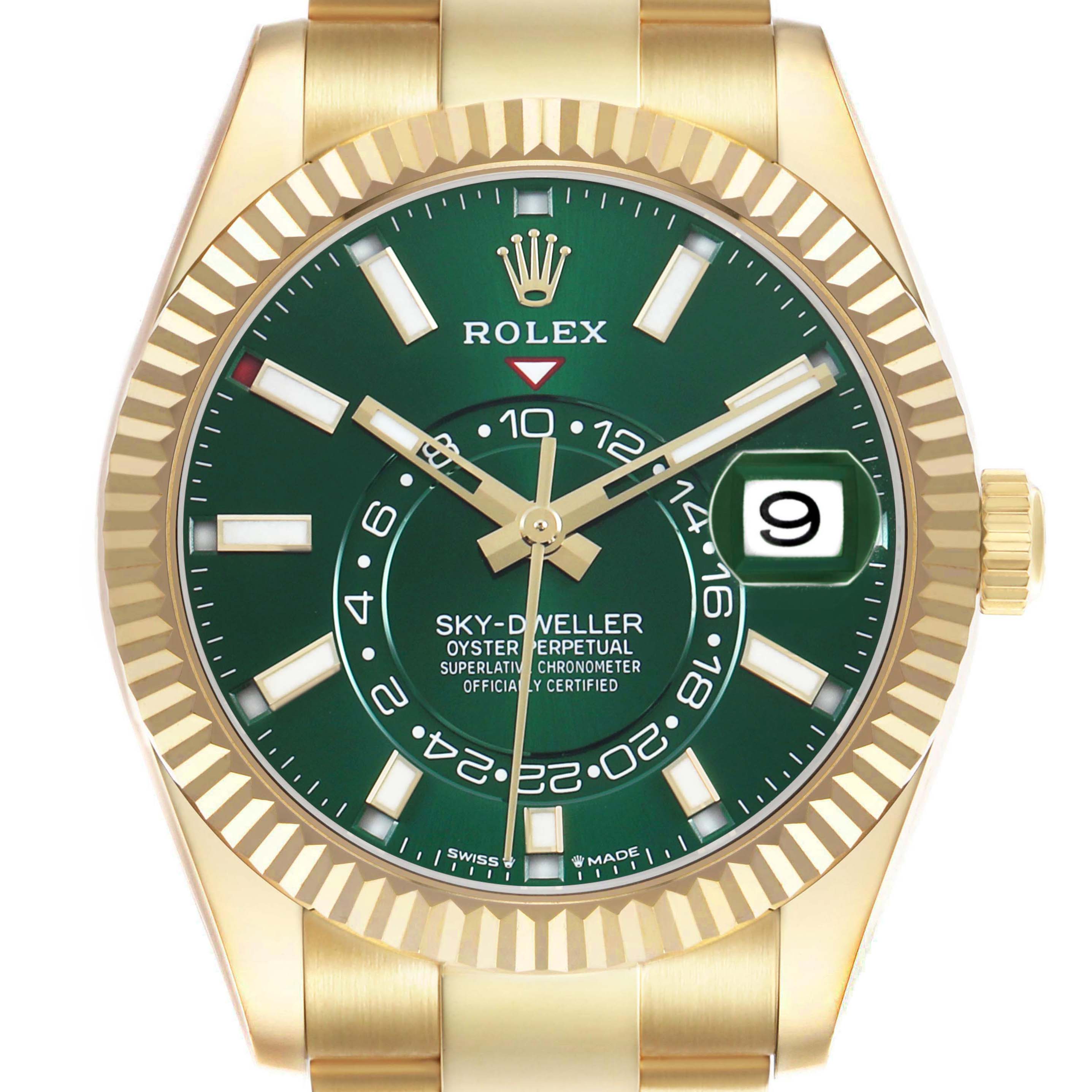 The Rolex Sky-Dweller 336938 Men's Yellow Gold Green Dial watch is shown from a front angle, highlighting its green dial, date window, and fluted bezel.