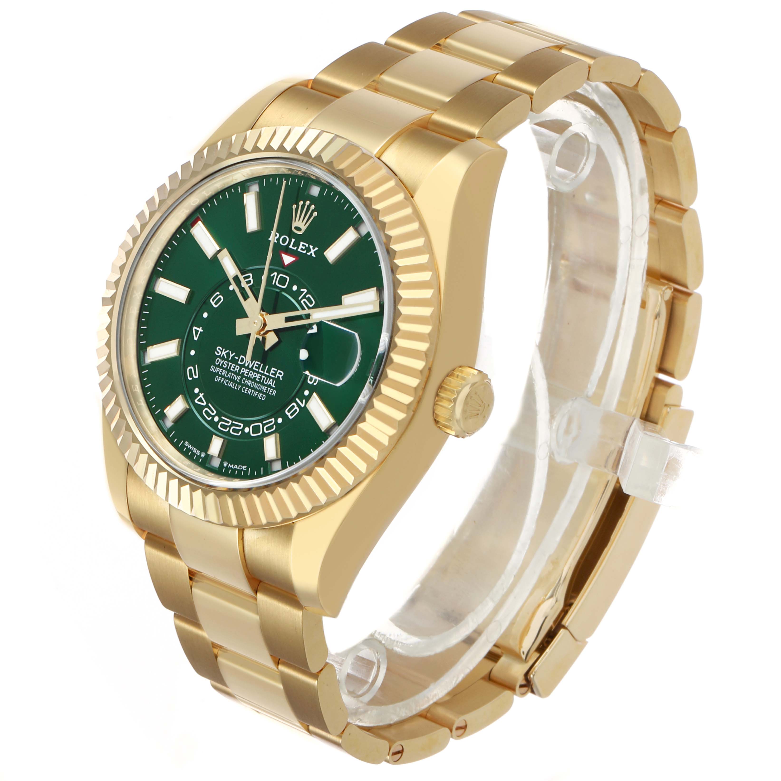 The Rolex Sky-Dweller 336938 Men's Yellow Gold Green Dial watch is shown at an angle highlighting the dial, bezel, case, bracelet, and crown.