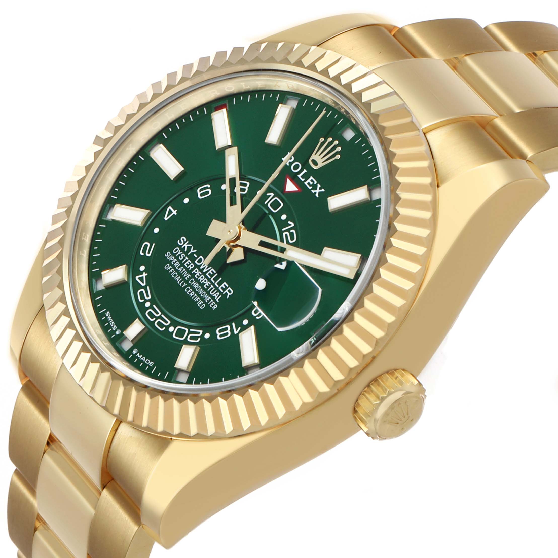 The Rolex Sky-Dweller 336938 Men's Yellow Gold Green Dial watch is shown from an angled side view, highlighting its green dial, fluted bezel, and bracelet.