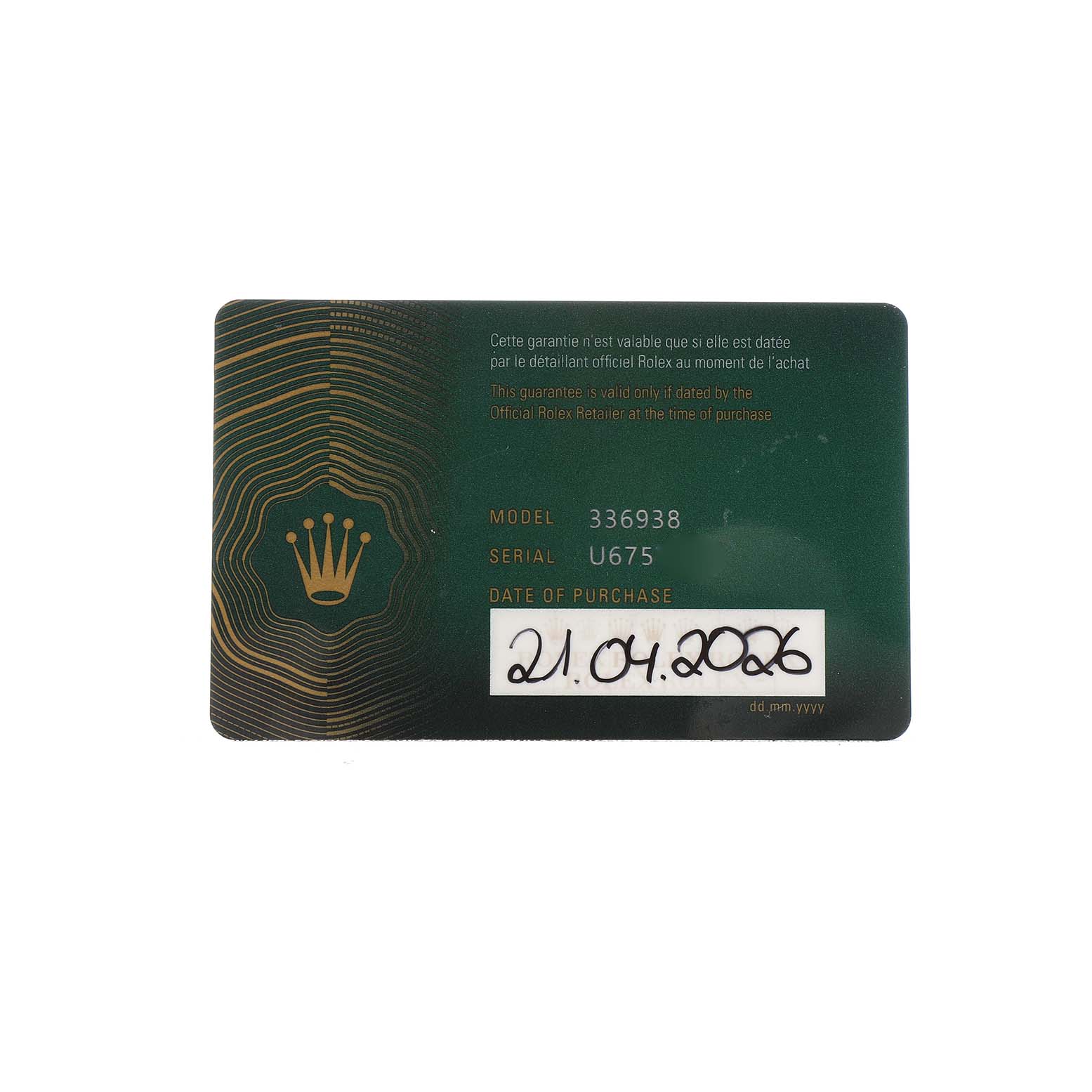 The image shows a warranty card for the Rolex Sky-Dweller 336938 Men's Yellow Gold Green Dial, displaying model, serial number, and purchase date.