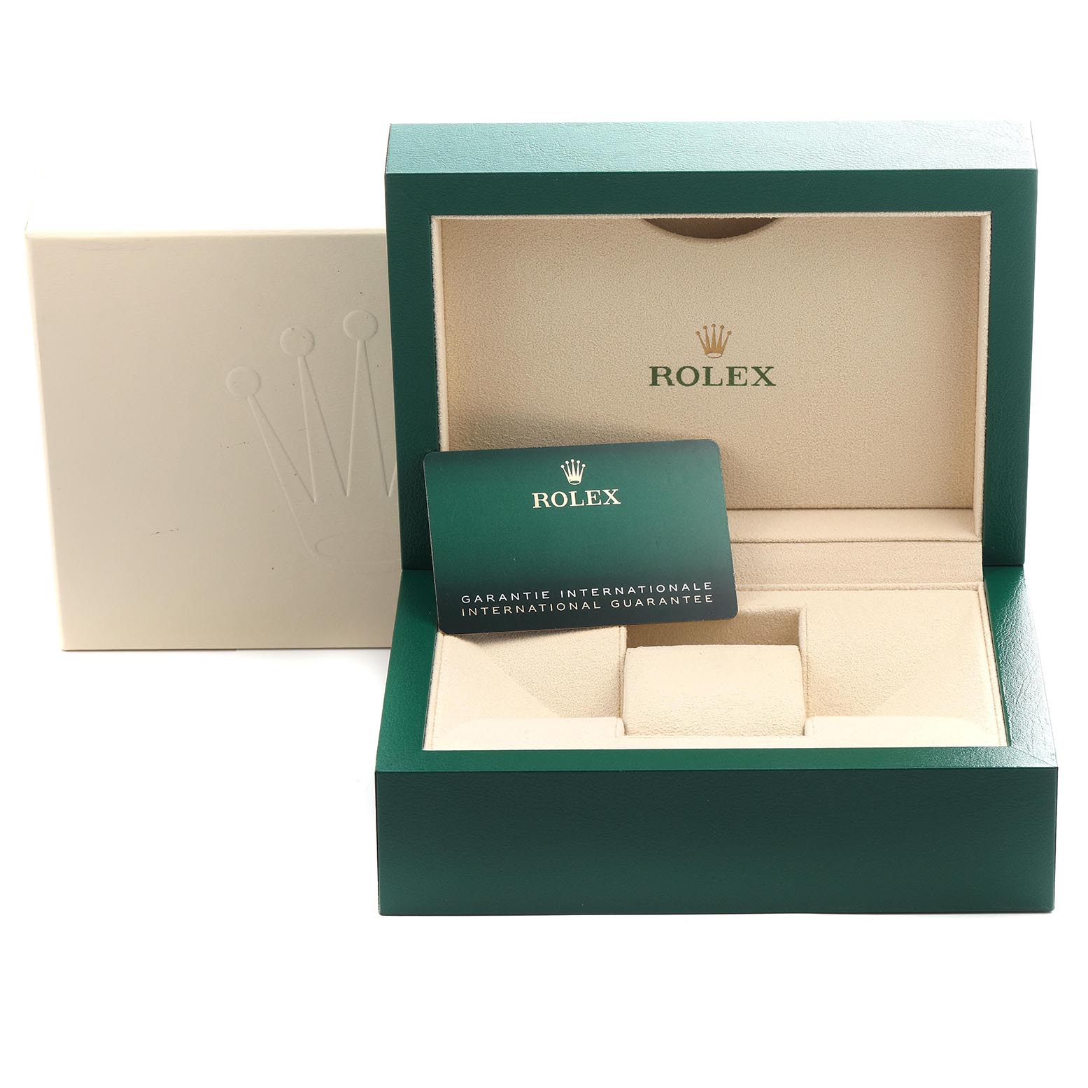 The image shows an open green Rolex Submariner 126613 Men
s Steel and Gold (two tone) Blue Dial 126613 Men
s Steel and Gold (two tone) Blue Dial watch box with a guarantee card inside.
