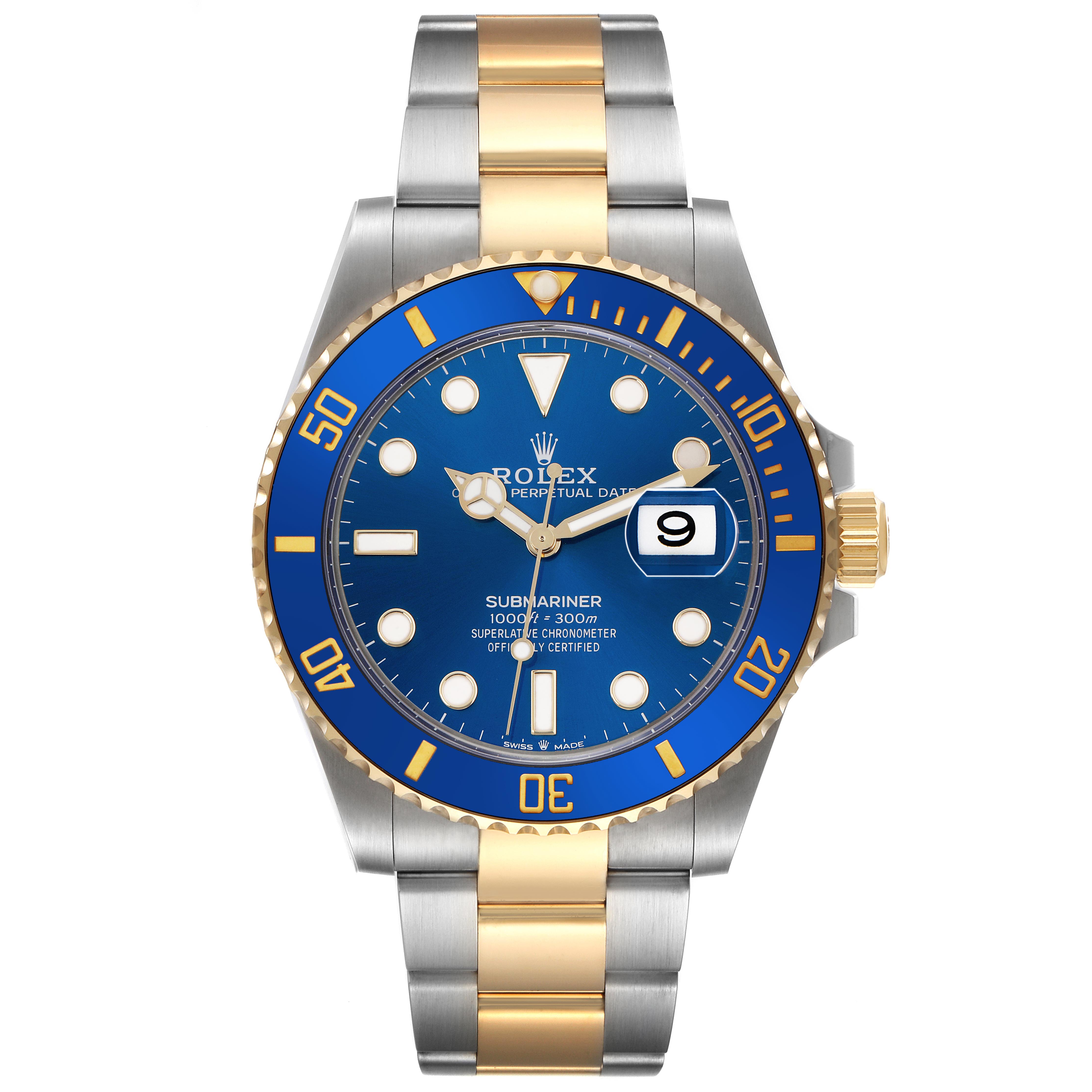 The Rolex Submariner 126613 Men
s Steel and Gold (two tone) Blue Dial 126613 Men
s Steel and Gold (two tone) Blue Dial is shown from the front, highlighting the blue dial, bezel, and two-tone bracelet.
