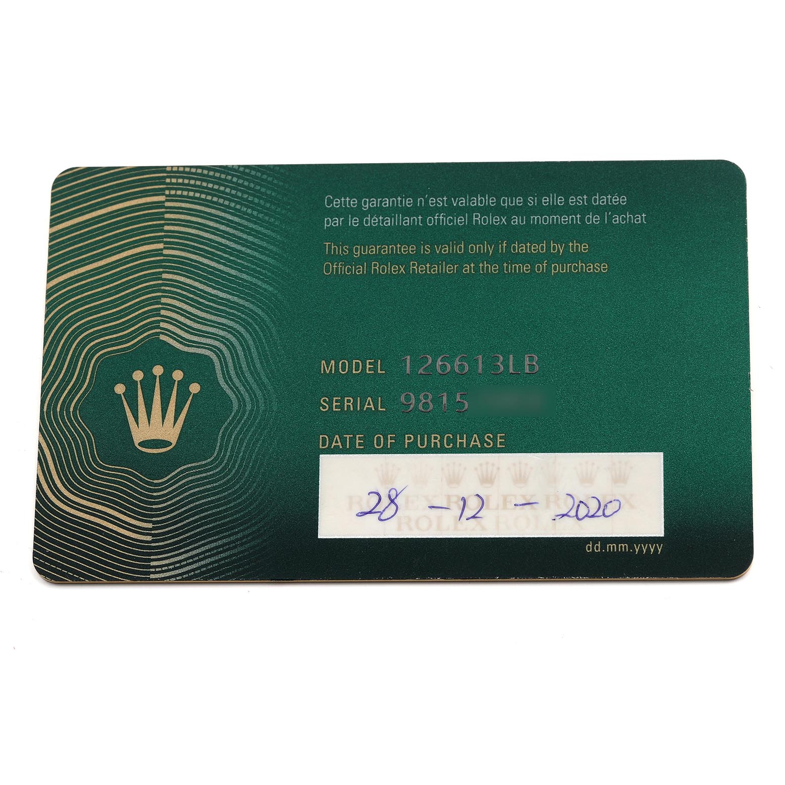 The image shows the warranty card for a Rolex Submariner 126613 Men
s Steel and Gold (two tone) Blue Dial 126613 Men
s Steel and Gold (two tone) Blue Dial model 126613LB.