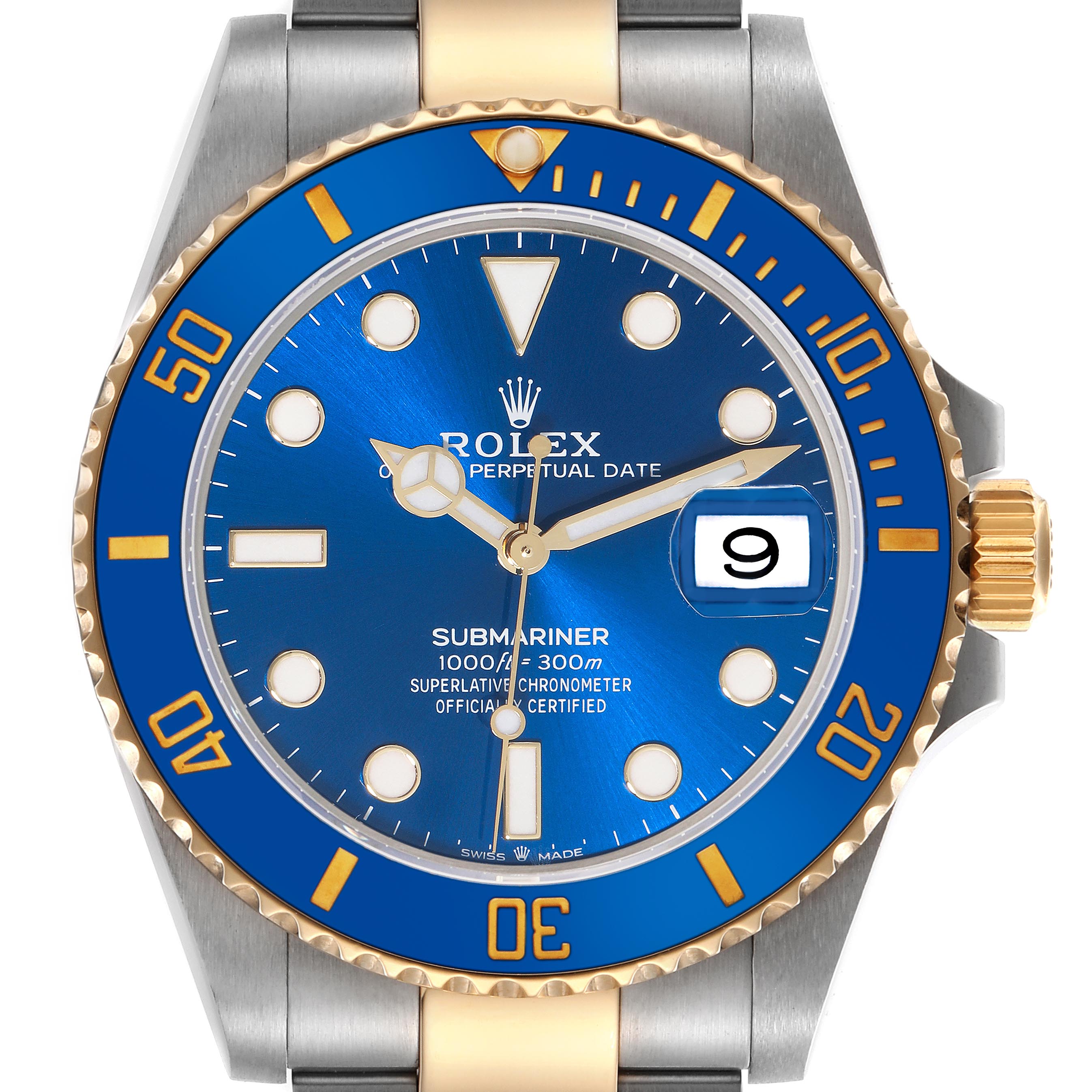 The Rolex Submariner 126613 Men
s Steel and Gold (two tone) Blue Dial 126613 Men
s Steel and Gold (two tone) Blue Dial watch is shown from a front view, highlighting the blue dial, gold bezel, date, and two-tone bracelet.