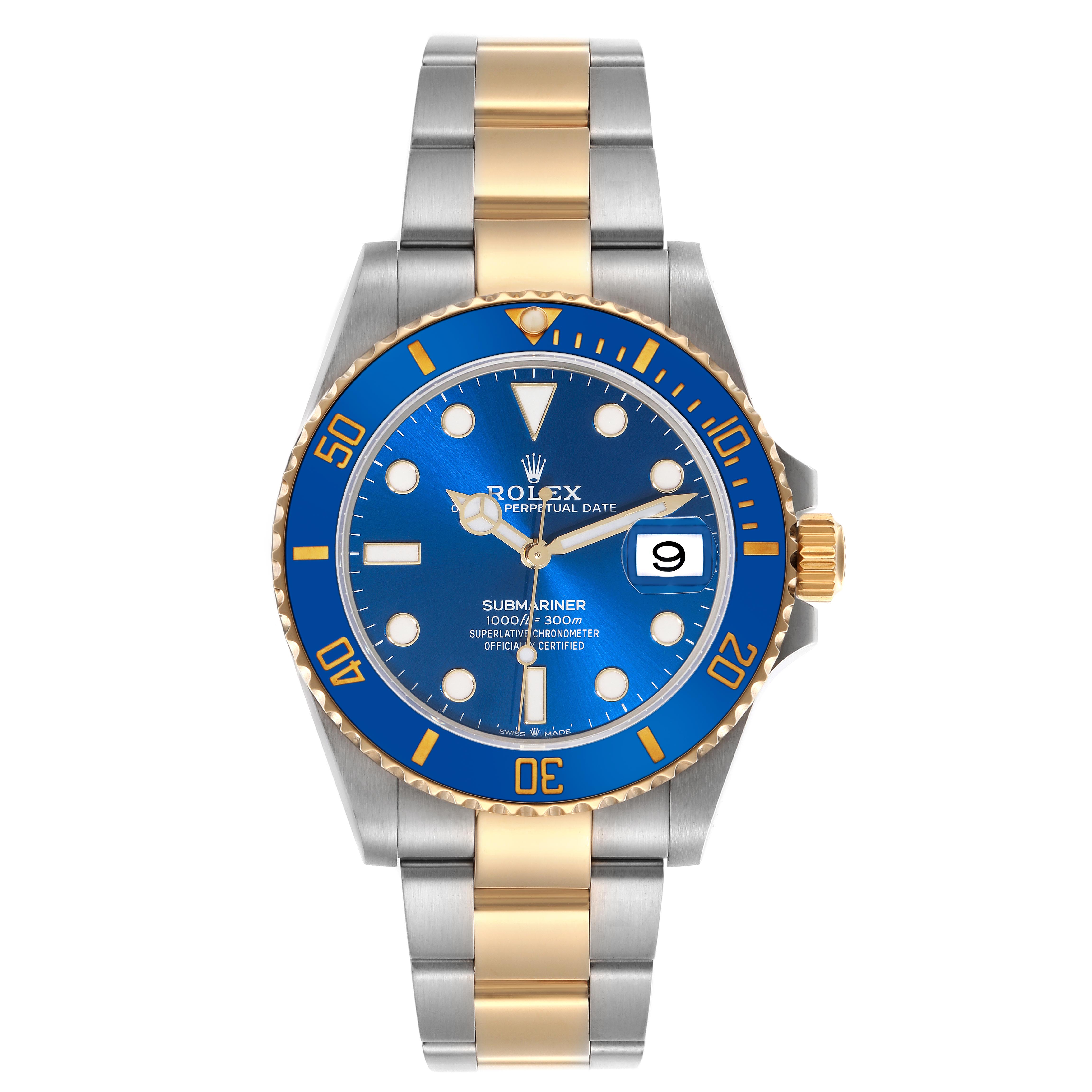 The Rolex Submariner 126613 Men
s Steel and Gold (two tone) Blue Dial 126613 Men
s Steel and Gold (two tone) Blue Dial watch is shown from a front angle, showcasing its blue dial, bezel, and two-tone bracelet.
