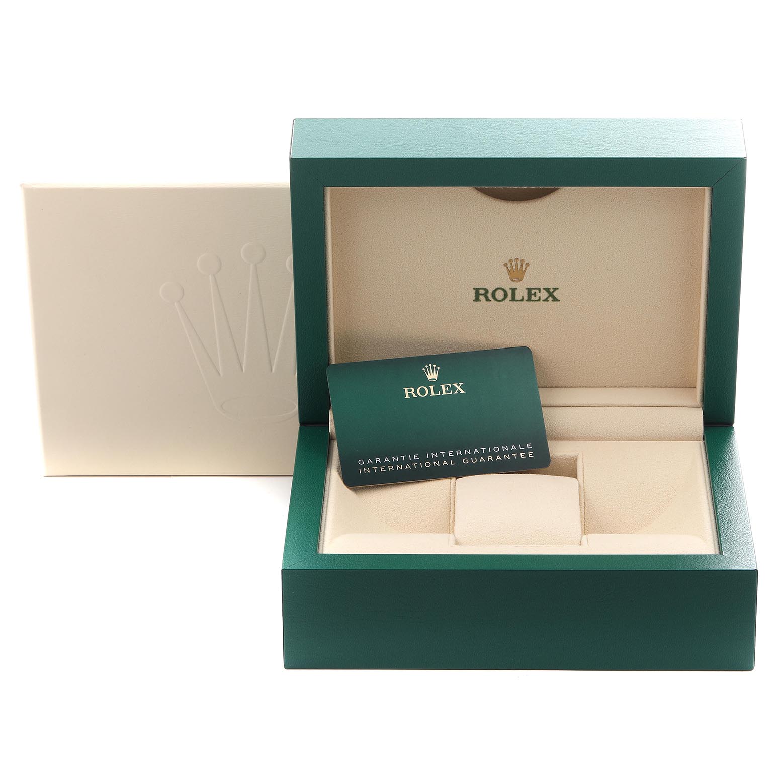 The image shows an open Rolex Submariner 126613 Men
s Steel and Gold (two tone) Blue Dial 126613 Men
s Steel and Gold (two tone) Blue Dial box with an international guarantee card.