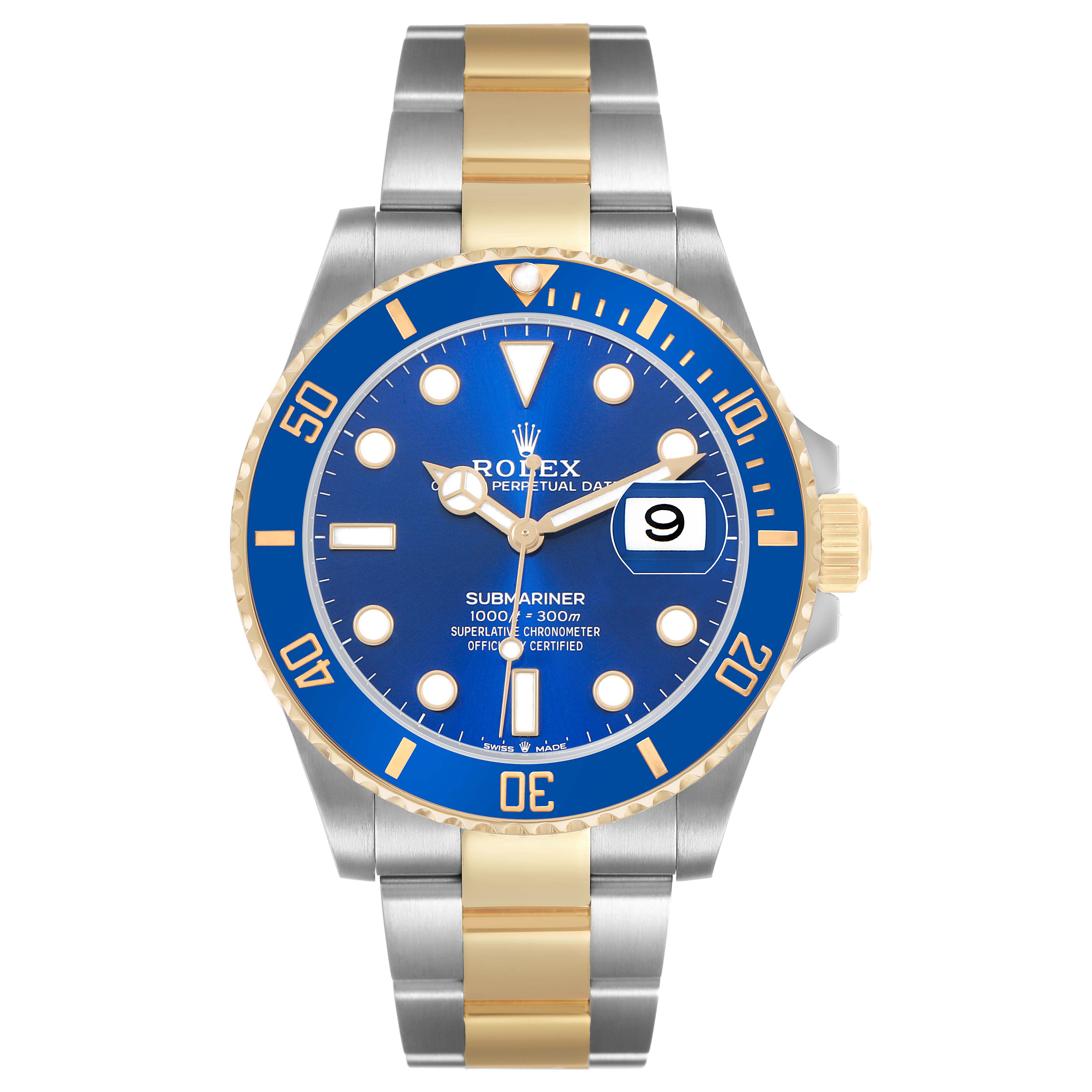The Rolex Submariner 126613LB Men's Steel and Gold (two tone) Blue Dial watch is shown from a frontal angle, displaying its blue dial, gold and silver bracelet, and date window.