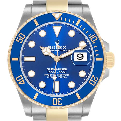 The Rolex Submariner 126613LB Men's Steel and Gold (two tone) Blue Dial watch is shown from a front angle, detailing the blue dial, gold-accented bezel, and bracelet.