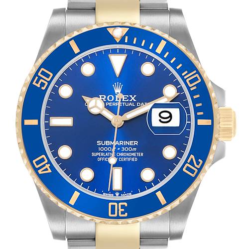 The Rolex Submariner 126613 Men's Steel and Gold (two tone) Blue Dial watch is shown from a front angle, highlighting the dial, bezel, crown, and part of the bracelet.