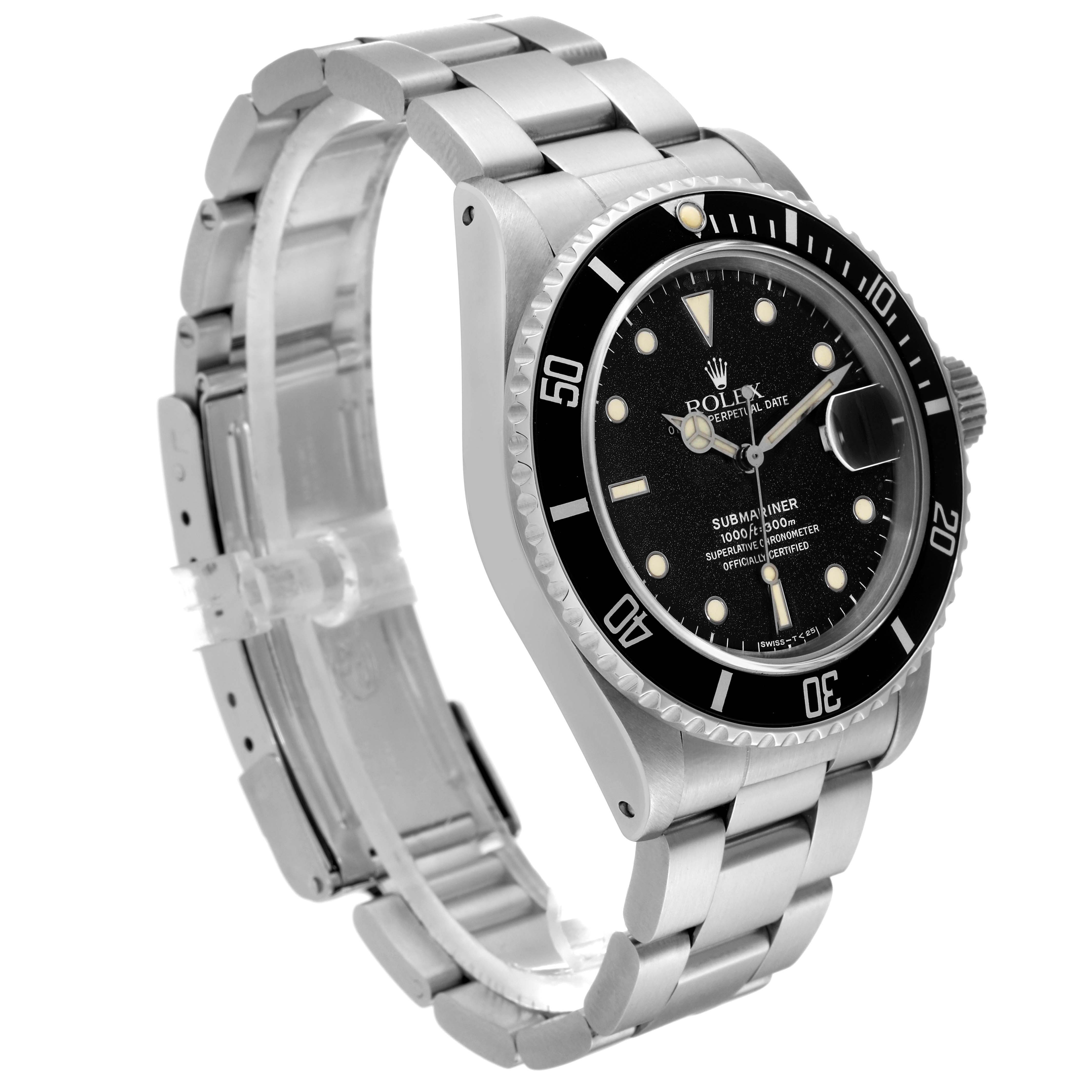 This image shows a Rolex Submariner 168000 Men
s Stainless Steel Black Dial 168000 Men
s Stainless Steel Black Dial watch at a three-quarter angle, highlighting the face, bezel, and part of the bracelet.