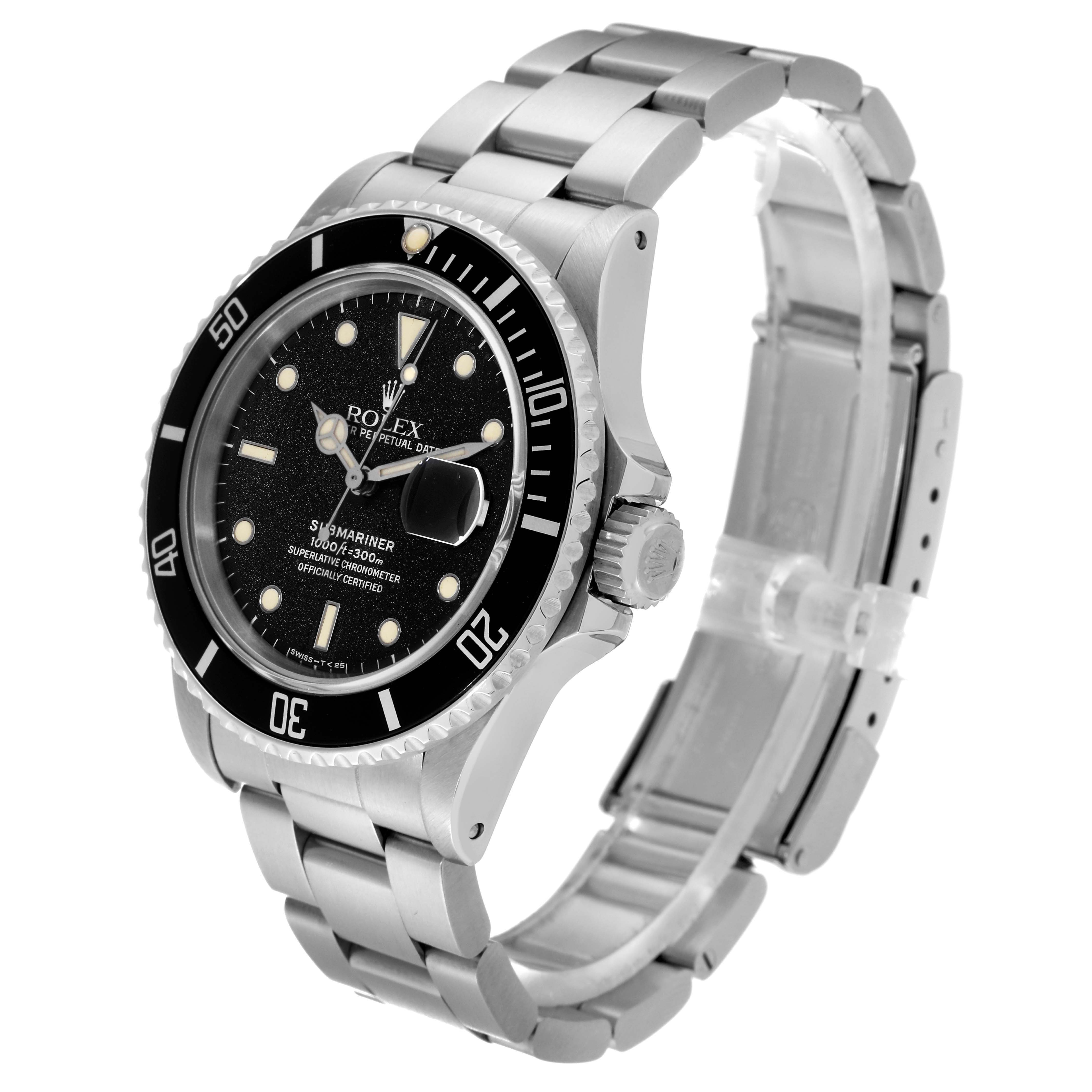This image shows a Rolex Submariner 168000 Men
s Stainless Steel Black Dial 168000 Men
s Stainless Steel Black Dial watch at a three-quarter angle, highlighting its face, bracelet, and side crown.