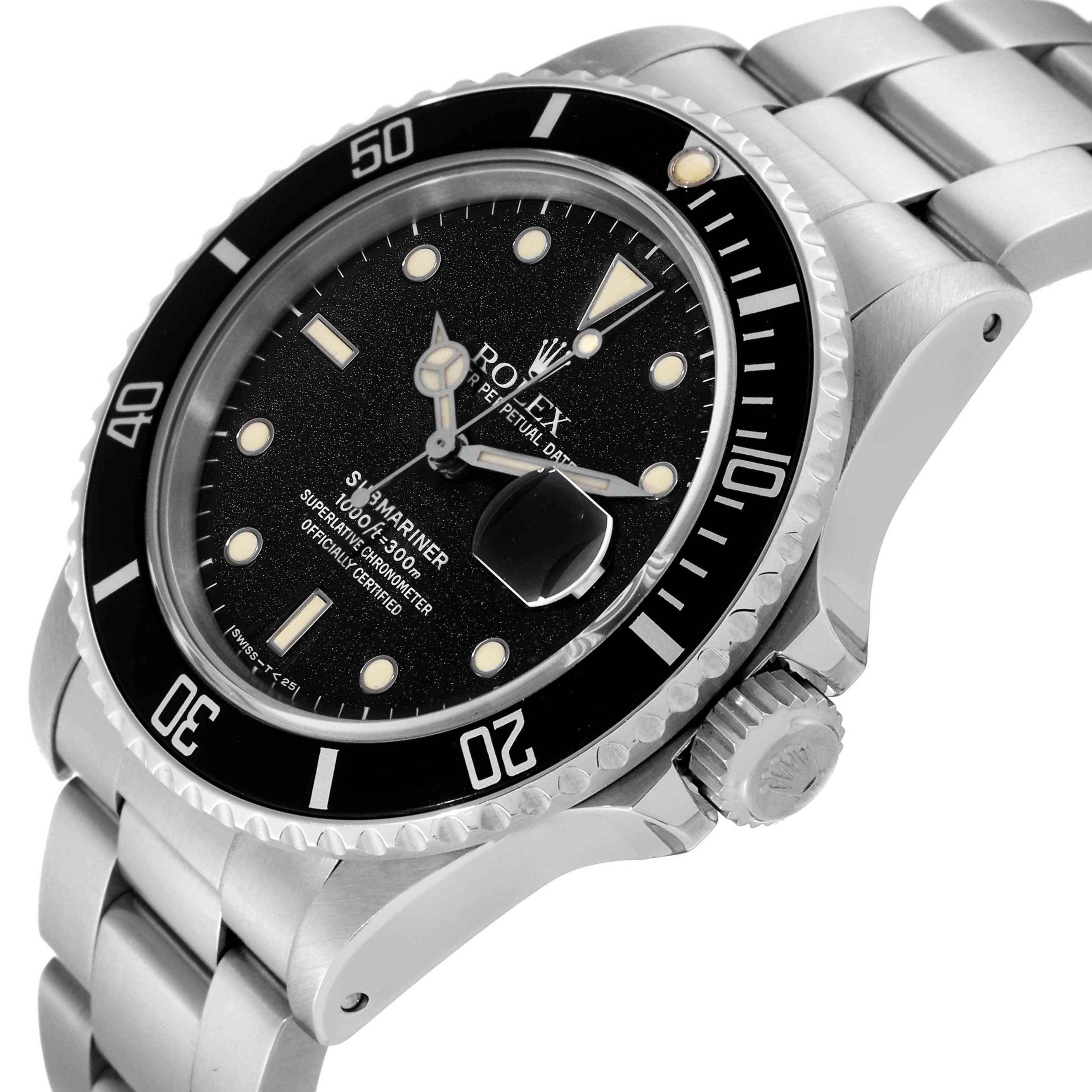 The image shows a Rolex Submariner 168000 Men
s Stainless Steel Black Dial 168000 Men
s Stainless Steel Black Dial watch at a slight, angled close-up, highlighting its dial, bezel, and part of the bracelet.