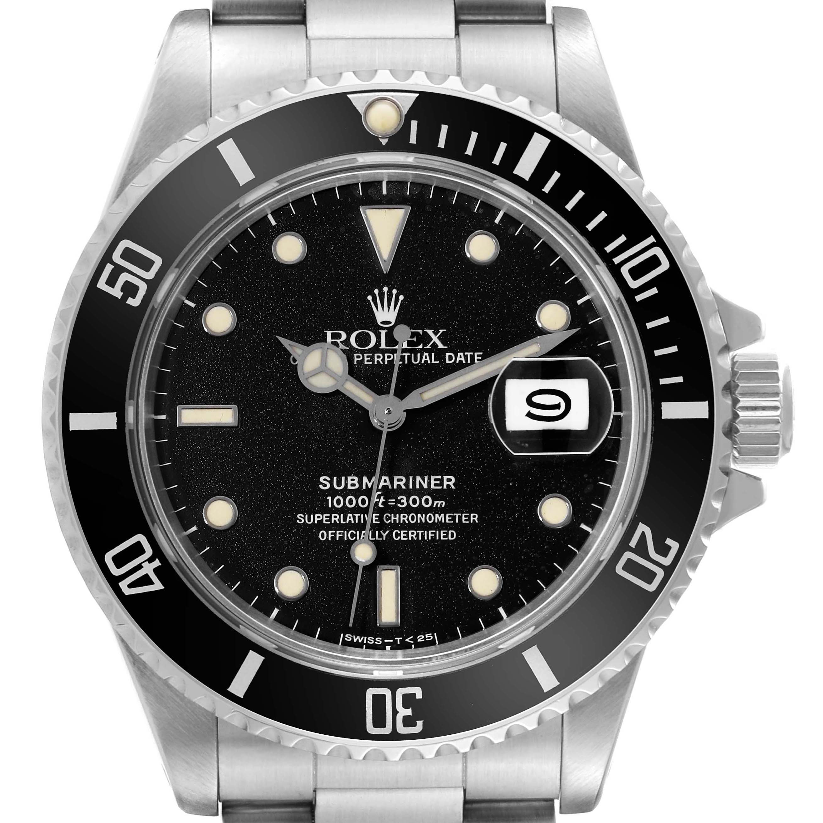 The image shows a front view of a Rolex Submariner 168000 Men
s Stainless Steel Black Dial 168000 Men
s Stainless Steel Black Dial watch, highlighting the face, bezel, crown, and part of the bracelet.