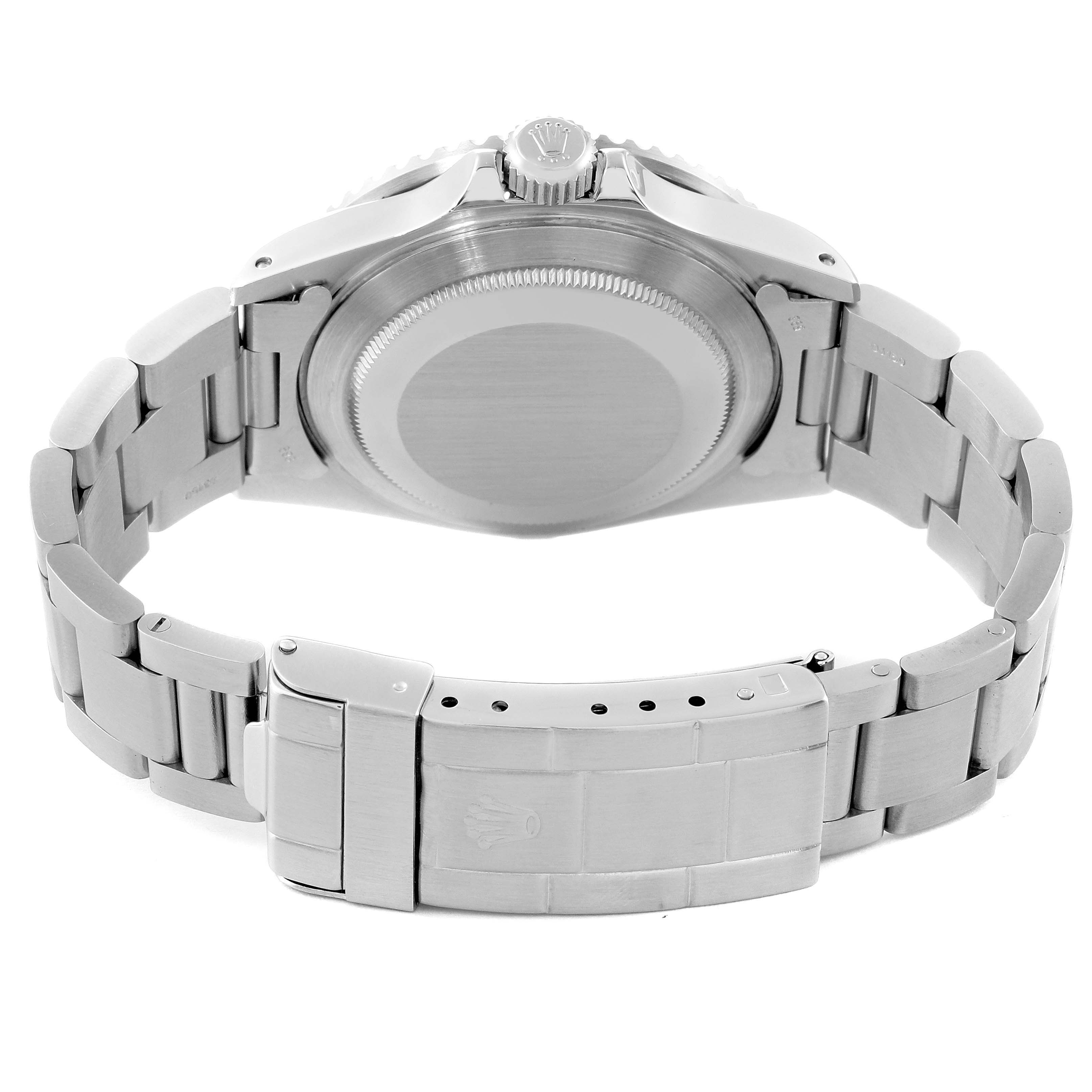 The image shows the back case and bracelet clasp of a Rolex Submariner 168000 Men
s Stainless Steel Black Dial 168000 Men
s Stainless Steel Black Dial watch.