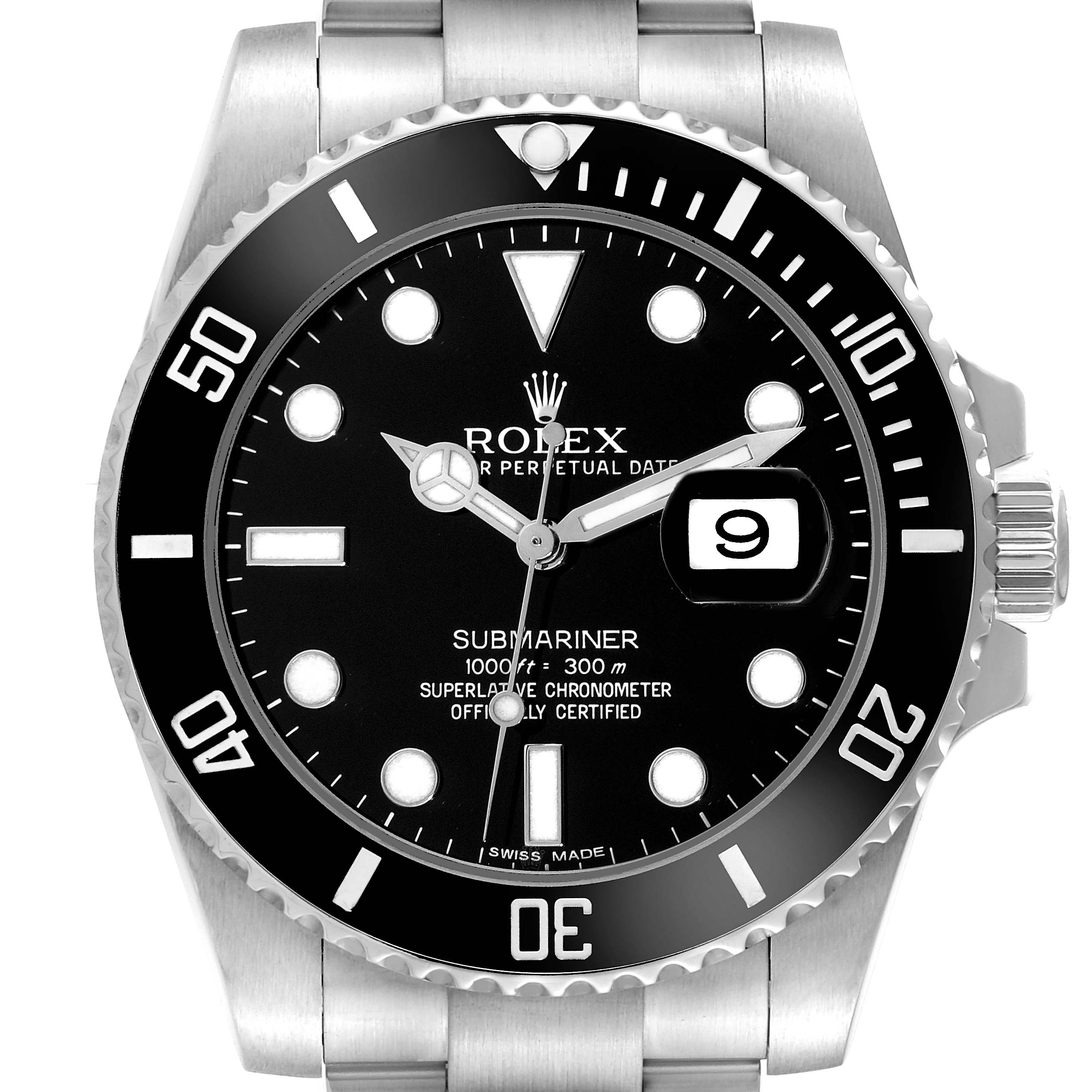 The image shows a frontal view of the Rolex Submariner 116610 Men
s Stainless Steel Black Dial 116610 Men
s Stainless Steel Black Dial watch, showcasing its dial, bezel, and bracelet.