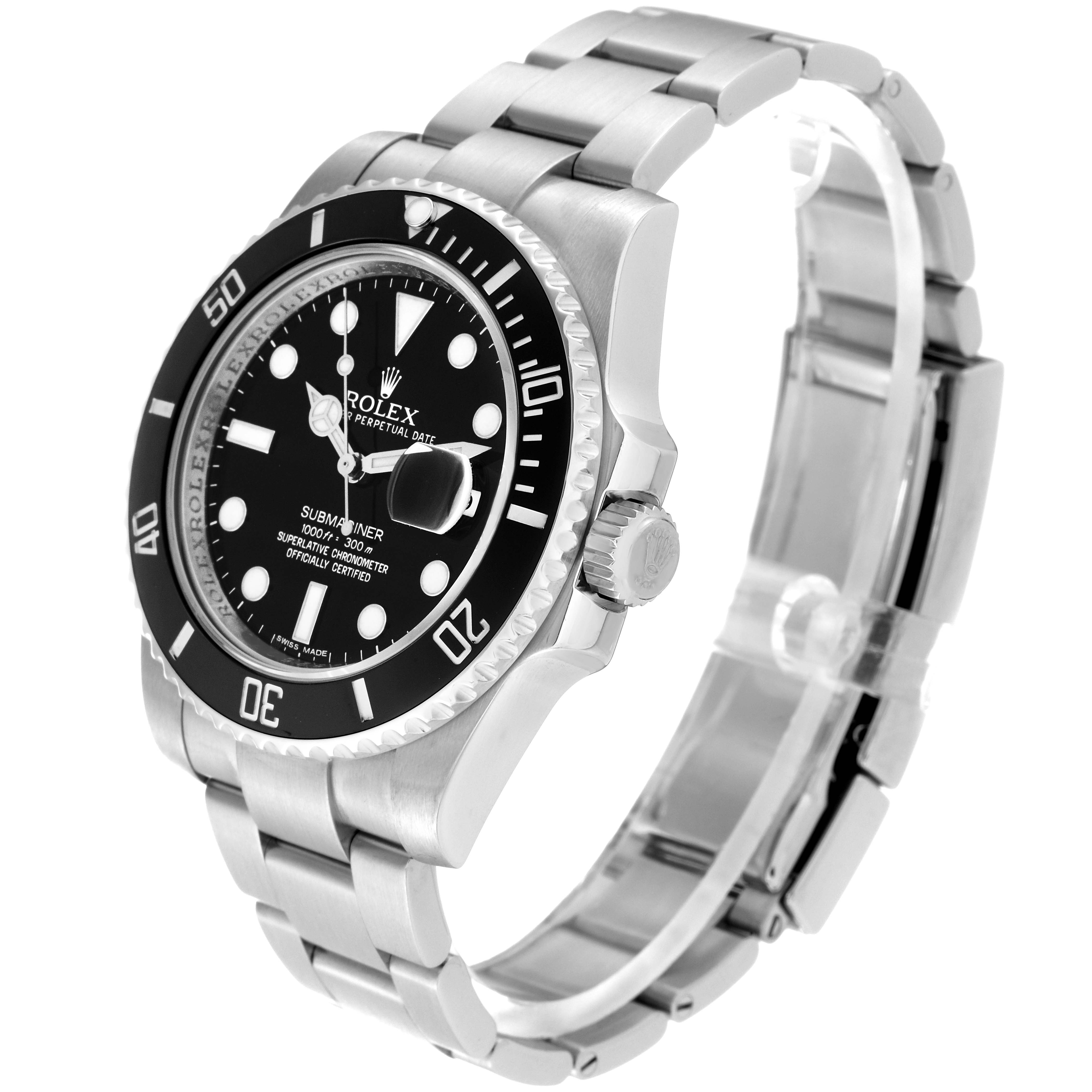 This image shows a Rolex Submariner 116610 Men
s Stainless Steel Black Dial 116610 Men
s Stainless Steel Black Dial watch from a side and angled top view, highlighting the bracelet, bezel, and dial.