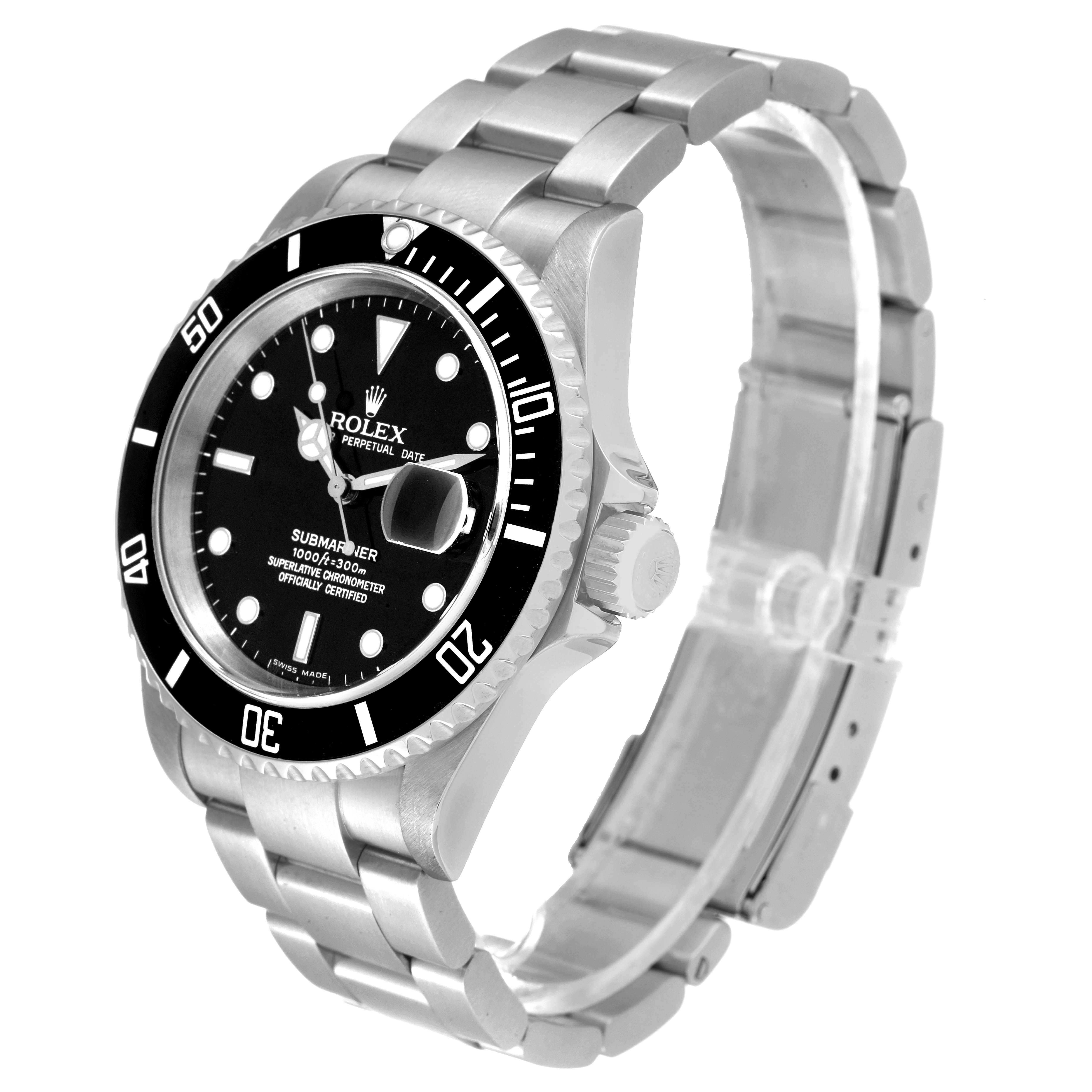 The Rolex Submariner 16610 Men
s Stainless Steel Black Dial 16610 Men
s Stainless Steel Black Dial watch is shown at a three-quarter angle, highlighting the face, bezel, crown, and bracelet.