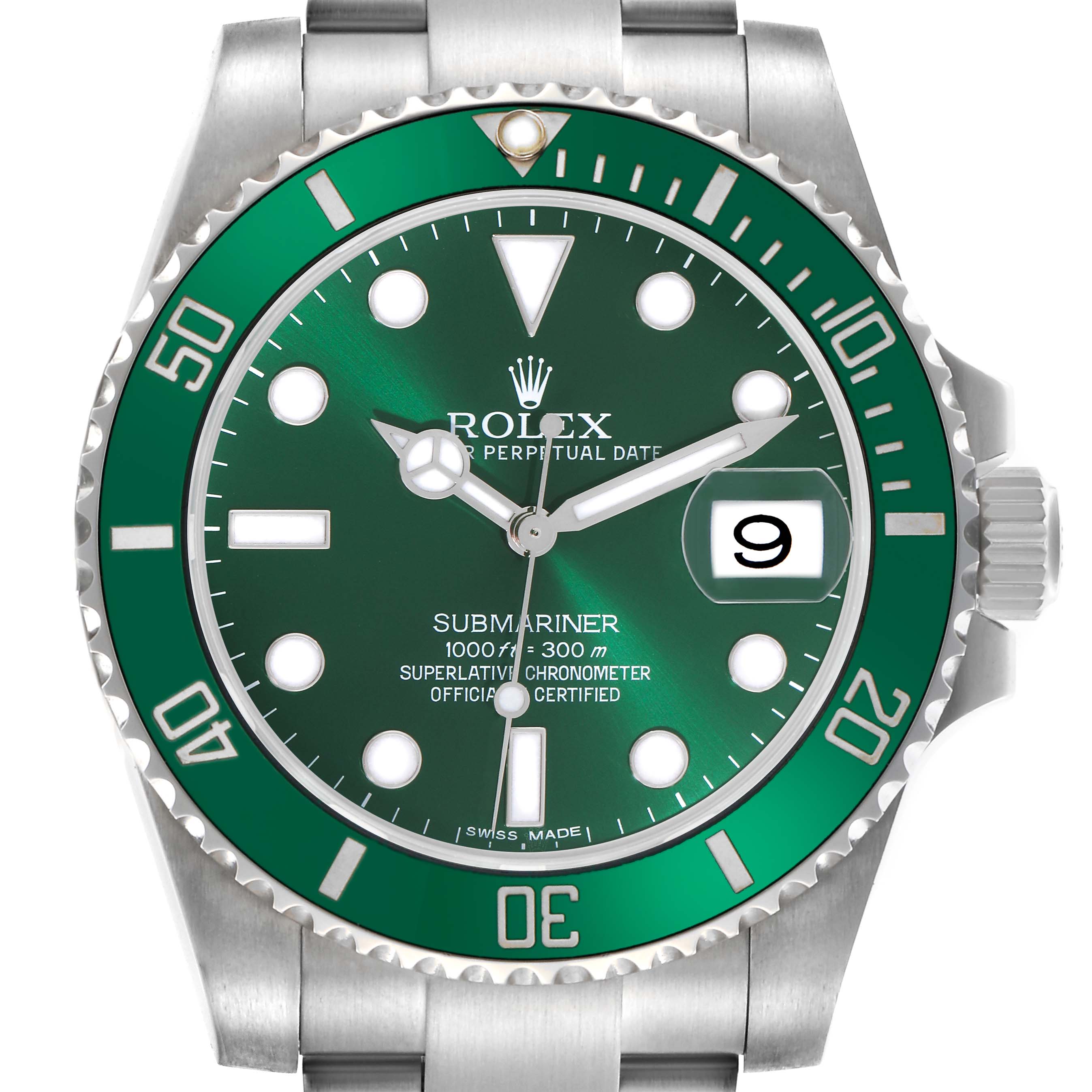 The Rolex Submariner 116610LV Men
s Stainless Steel Green Dial 116610LV Men
s Stainless Steel Green Dial watch is shown from a top-down angle, highlighting the green dial, bezel, and date window.