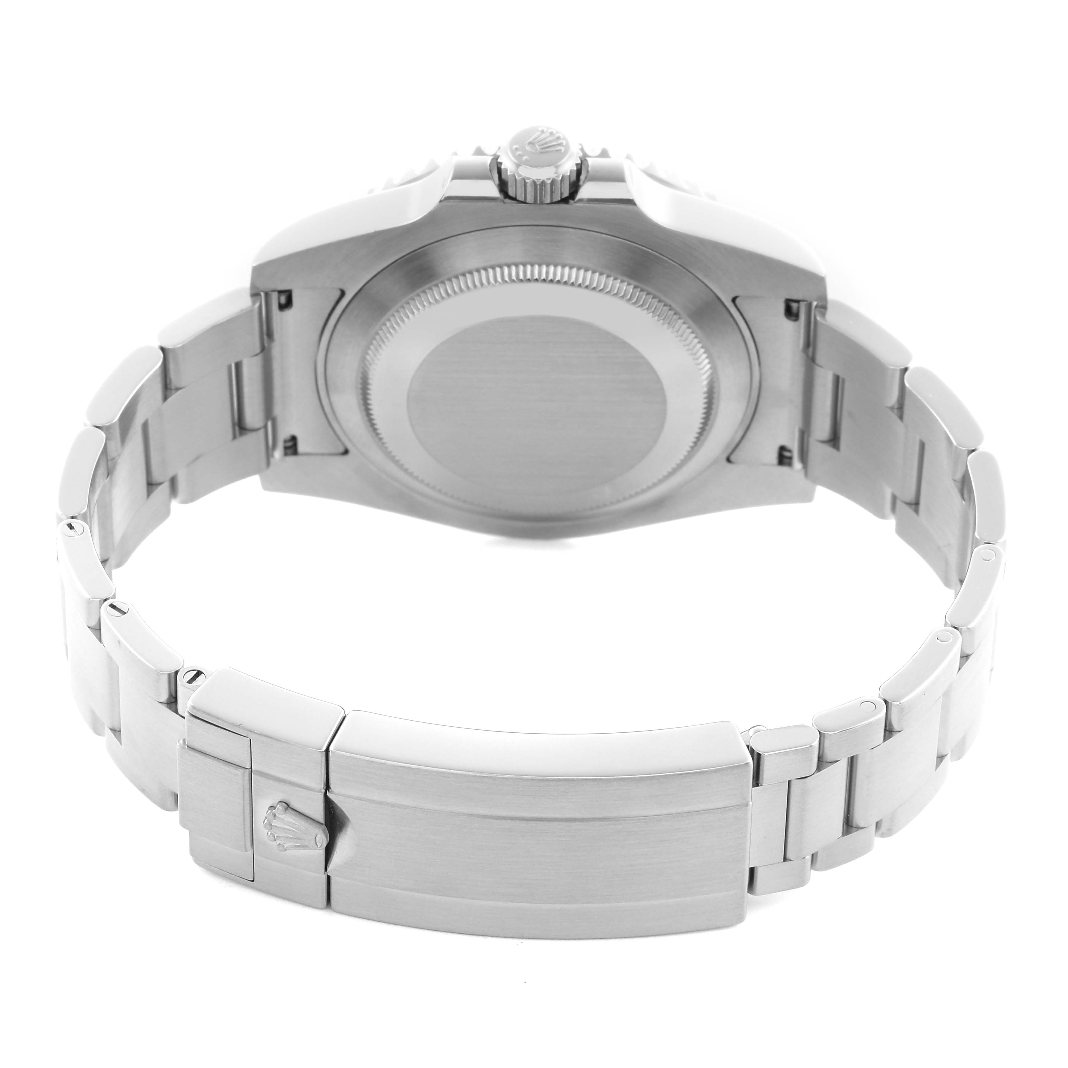 The image shows the Rolex Submariner 116610LV Men
s Stainless Steel Green Dial 116610LV Men
s Stainless Steel Green Dial
s case back, bracelet, and clasp from a rear angle.