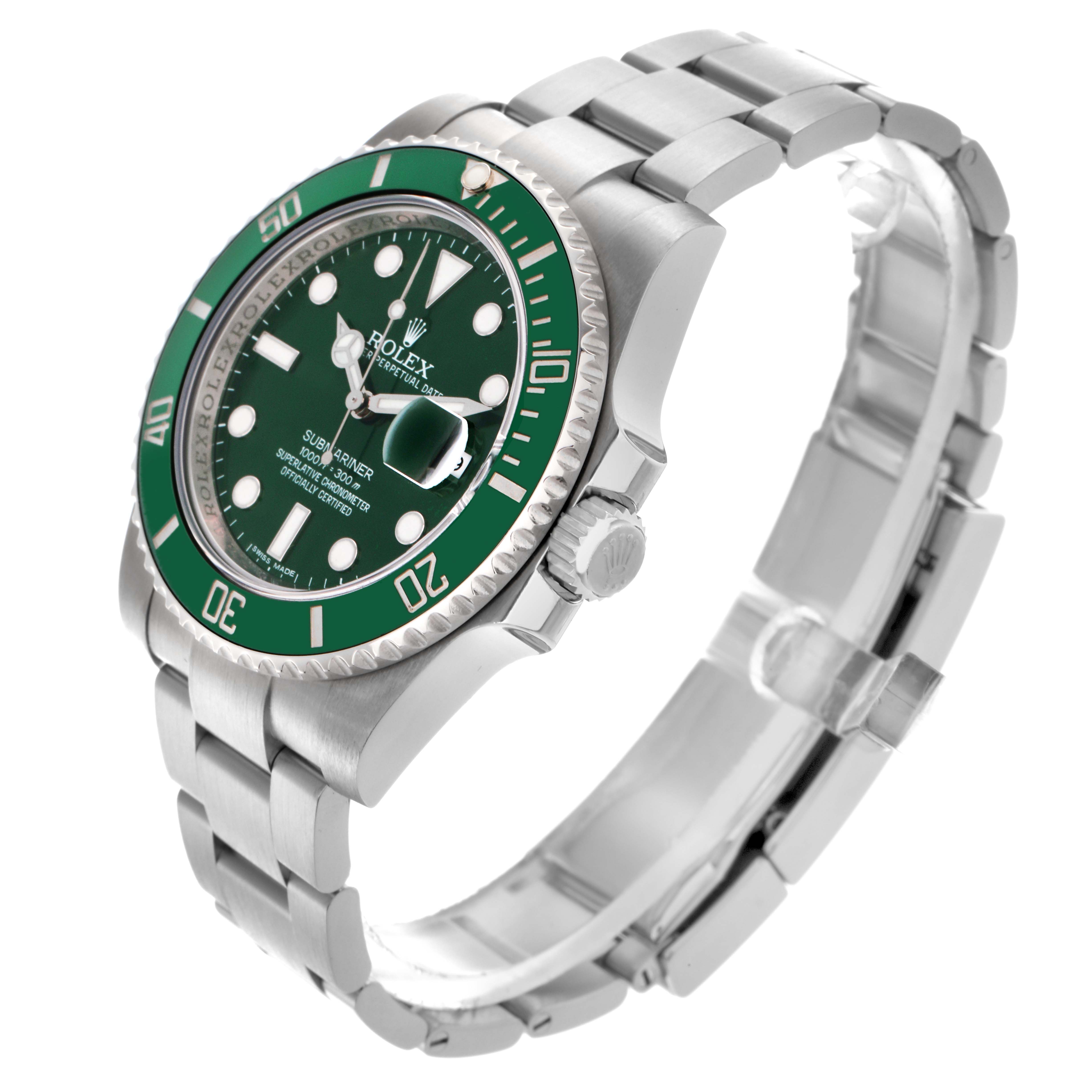 The Rolex Submariner 116610LV Men
s Stainless Steel Green Dial 116610LV Men
s Stainless Steel Green Dial watch is shown at a three-quarter angle, highlighting the green bezel, dial, case, and bracelet.